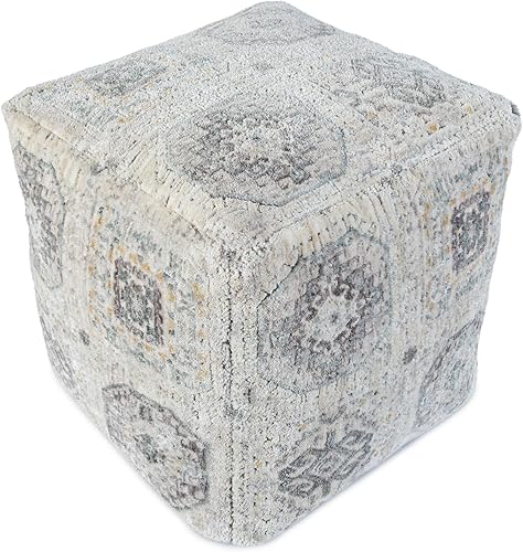 Vista 3 de LR Home - Puf otomano tradicional de medallón gris claro y marfil para decoración del hogar, reposapiés de transición hecho a mano para dormitorio