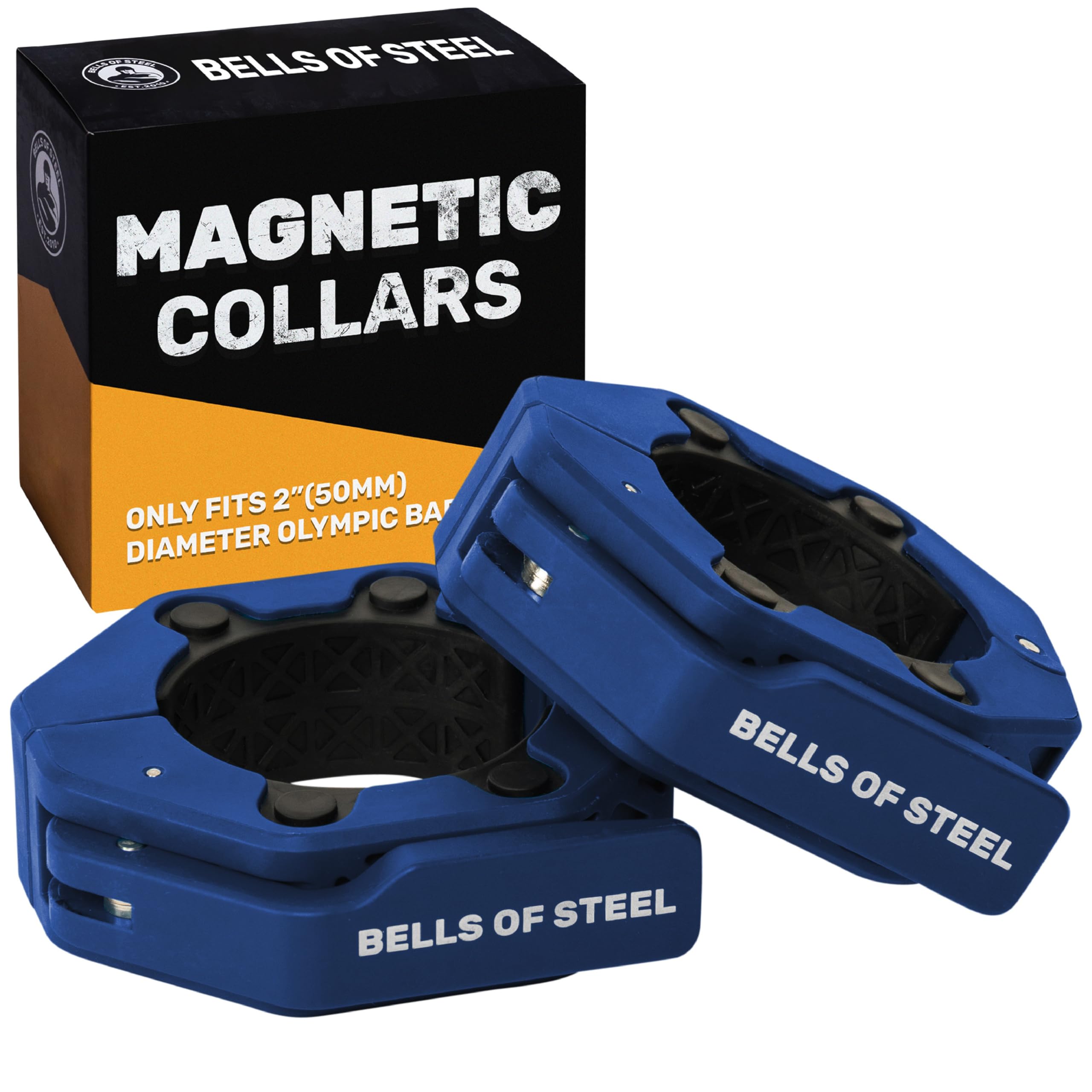 Magnetic Barbell Collars [Bells of Steel] Version 2.0 Premium Weight Bar Clamps, Quick Release Barbell Clips, Olympic Barbell Clamps, High-Strength Nylon Gym Clips, Pair, Blue — image 1