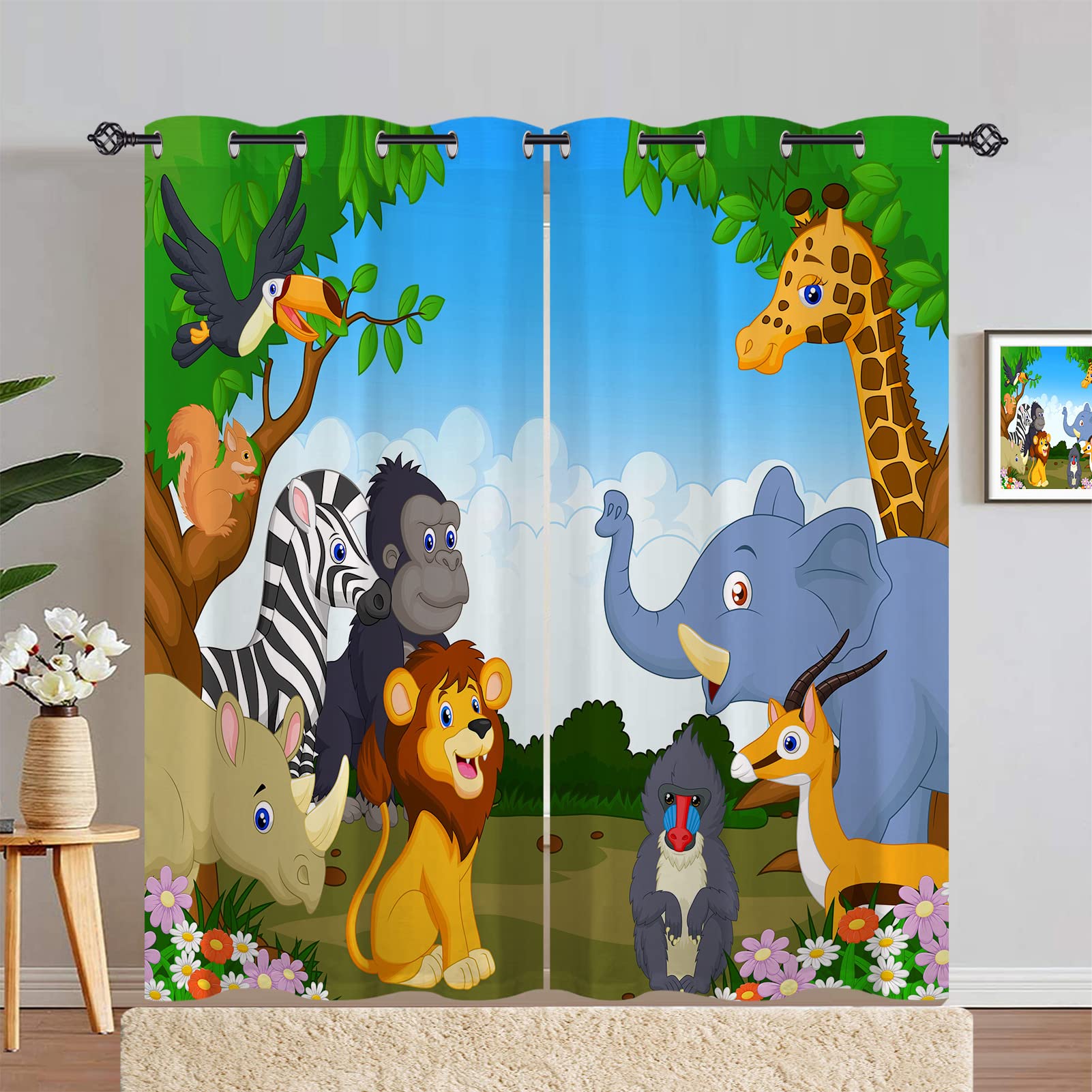 ANHOPE Animal Curtains Eyelet Ring Top Thermal Insulated 80% Blackout Curtains with Jungle Safari Zoo Lion Giraffe Print Pattern Window Drapes for Kids Boys Girls Bedroom 46 x 72 Inch Drop 2 Panels โ image 1