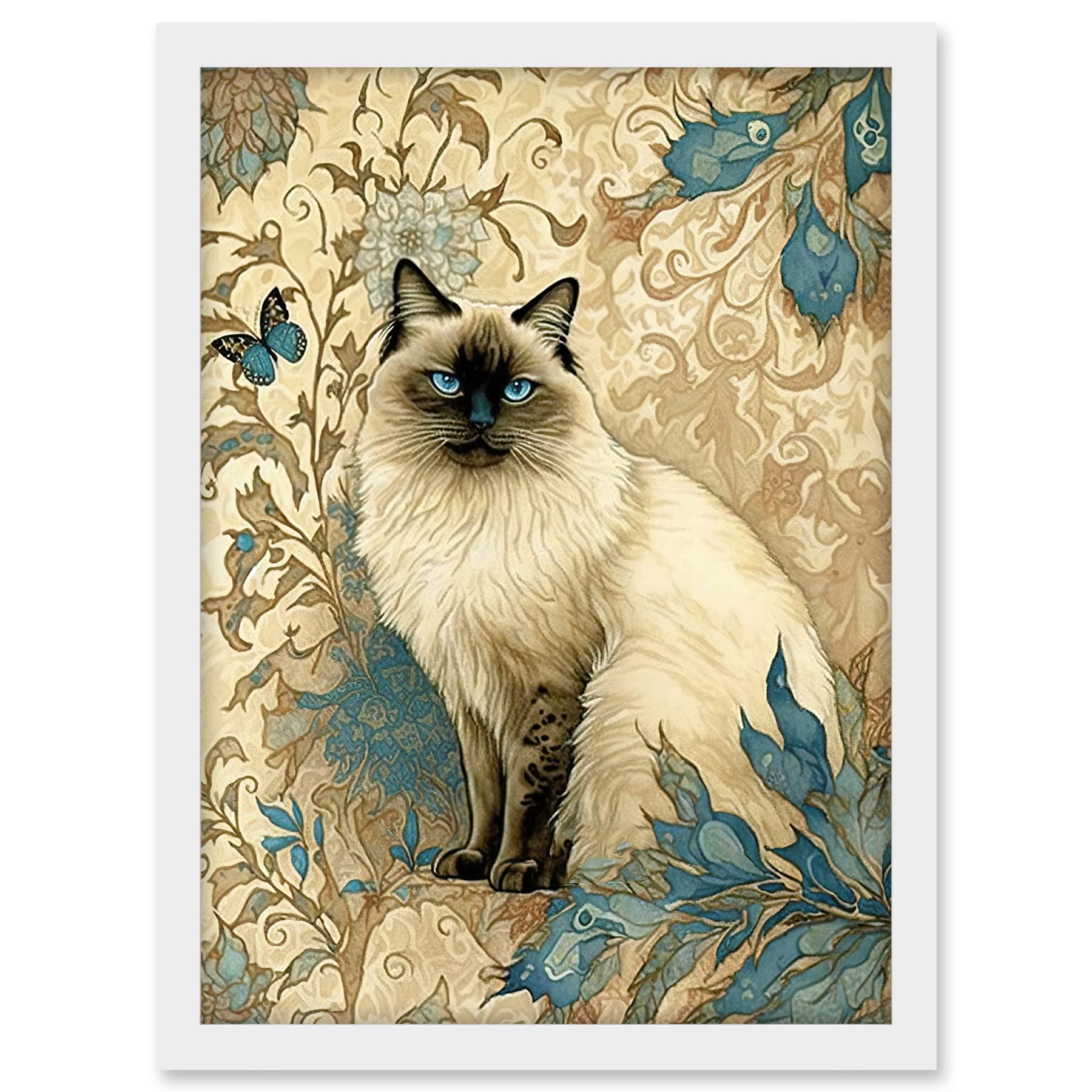 Artery8 Blue Point Ragdoll Cat with Teal Plants Art Nouveau Watercolour Illustration Artwork Framed A3 Wall Art Print