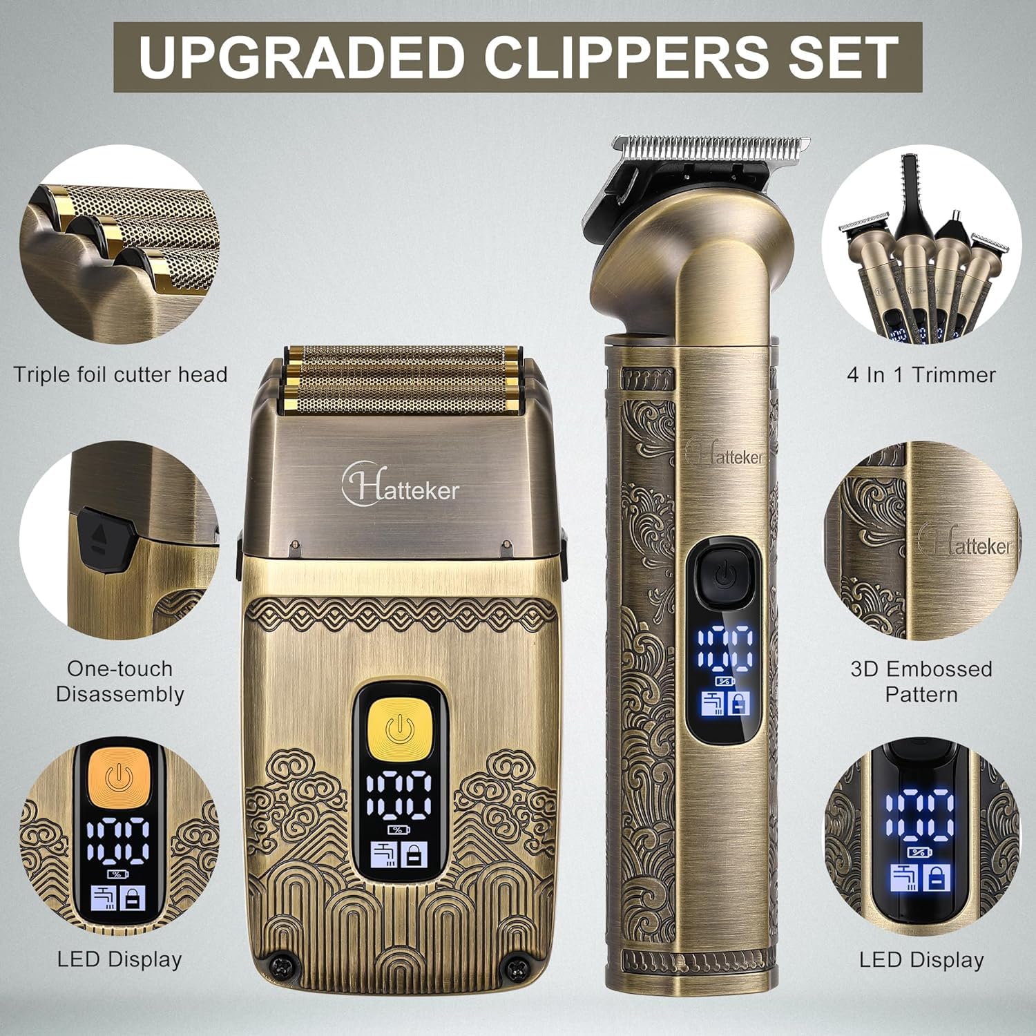 Hatteker Tondeuse à Cheveux Électrique Rasoir à Foil, Trois Lames Sans Fil Imperméable Kit de Coiffure Homme