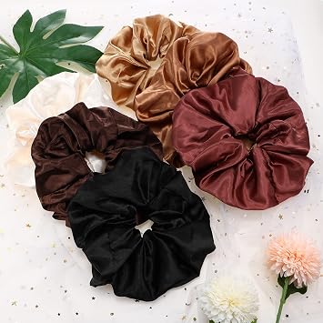 Chuangdi 6 Pieces Big Satin Scrunchies for Women, Jumbo Silk Scrunchies Thick Elastic Jumbo Hair Tie Galentine Valentine's Day Gifts(White, Red Brown, Black, Light Coffee, Dark Coffee, Brown)