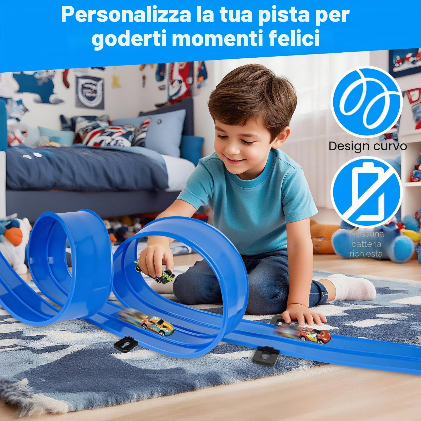 Pista Macchinine (4.5 m), Pista Macchine Flessibile, Piste Macchinine per Bambini 3 4 5 6 7 Anni, Car Track, 4 Auto In Lega Borsa Portaoggetti Regalo per Bambino e Bambine, Blu