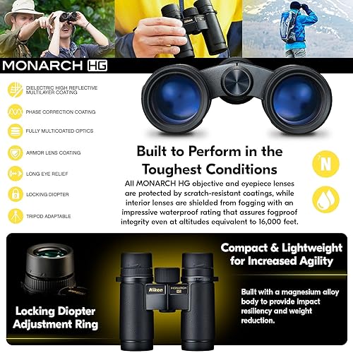 Vista 7 de Nikon Monarch HG - Binoculares de 0.315 x 1.181 in, campo de visión amplio, óptica multicapa, visión de alta definición, binoculares ligeros e