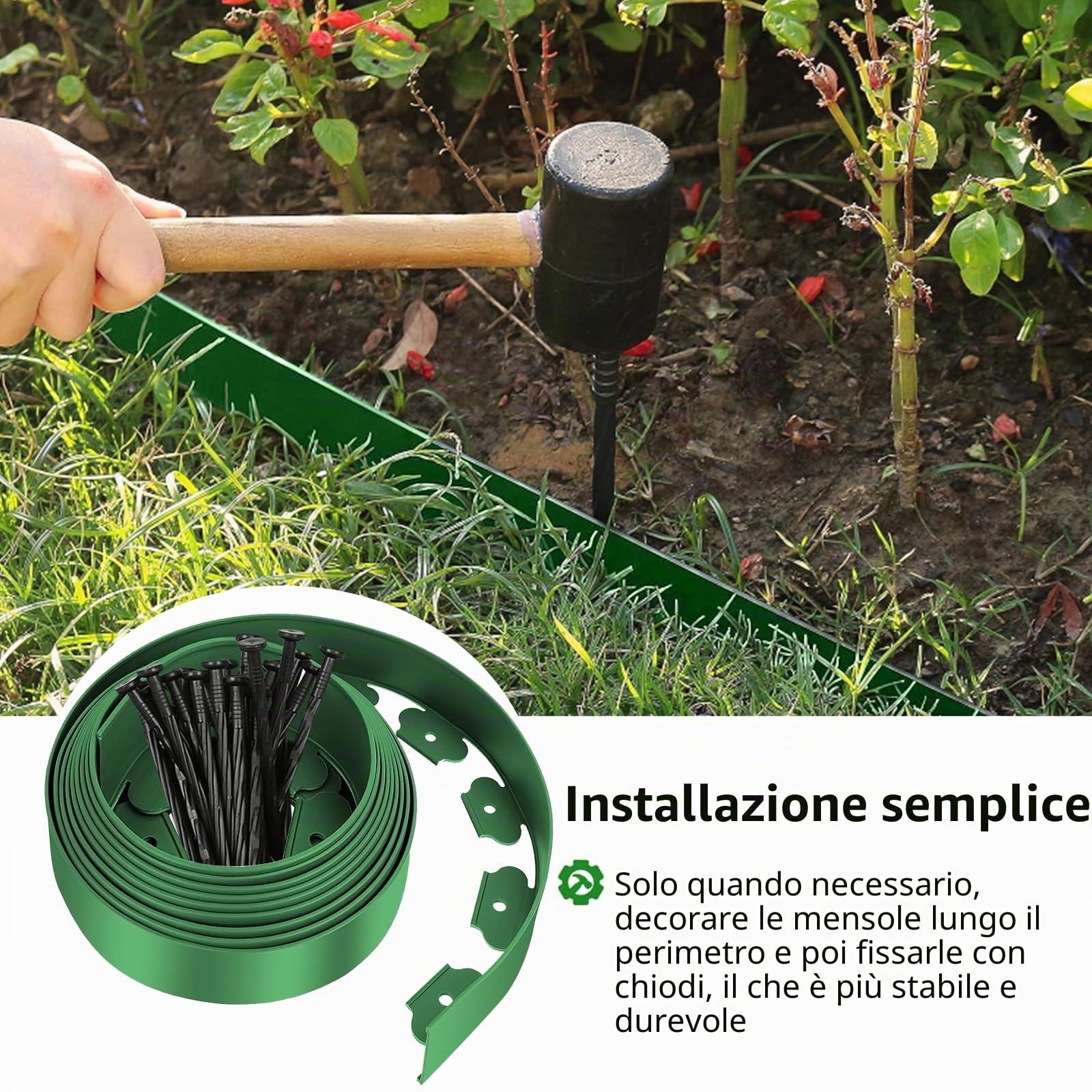 Bordura per Aiuola flessibile, Bordi per Aiuole Giardino, lunghezza 10 m, altezza 5 cm, Bordatura Giardino con 50 Picchetti e 1 paio di Guanti, Verde