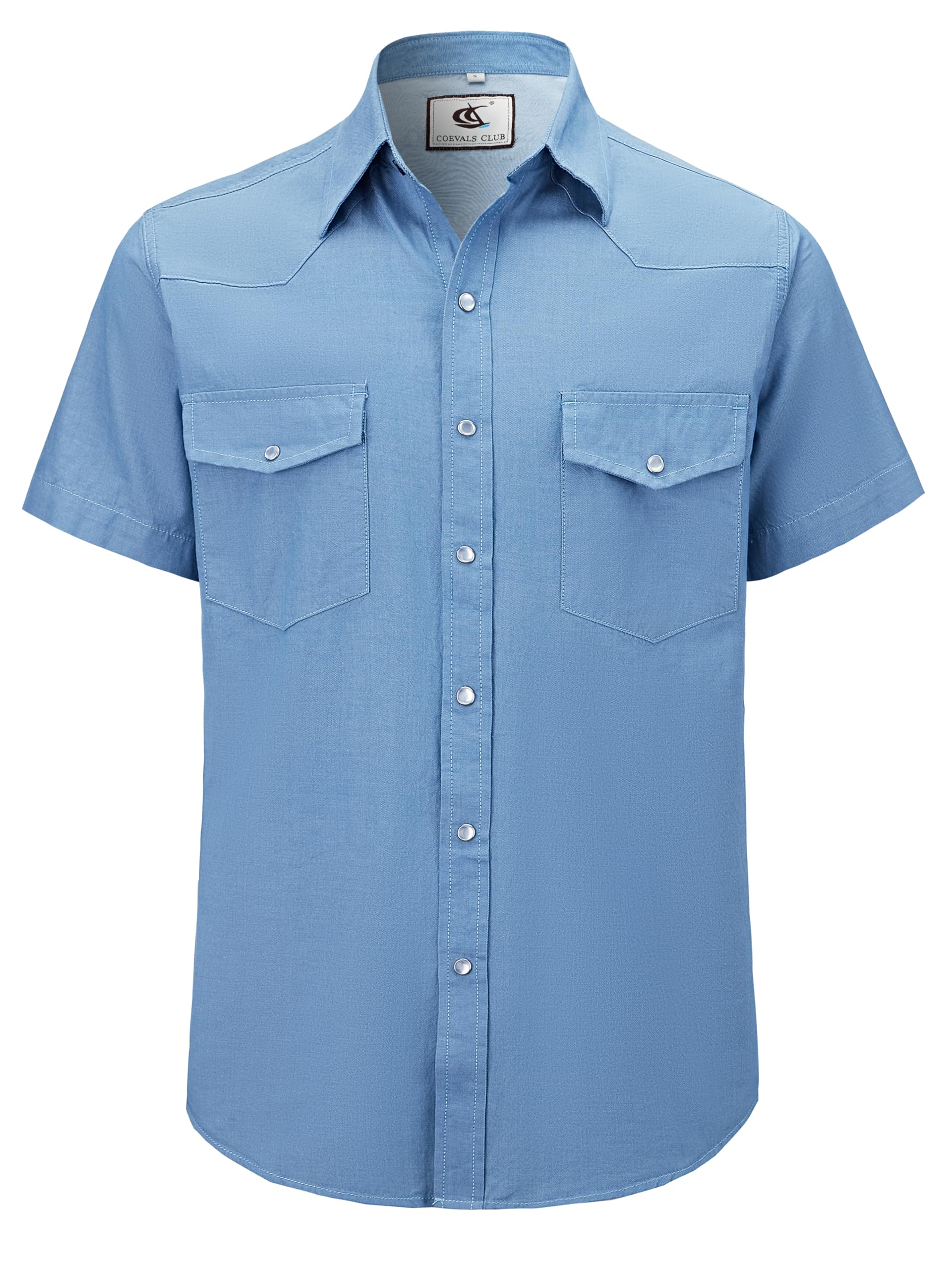 Men's Denim Western Cowboy Pearl Snap Casual Button Down Up Dress Light Weight Short Sleeve Soild Work Shirts