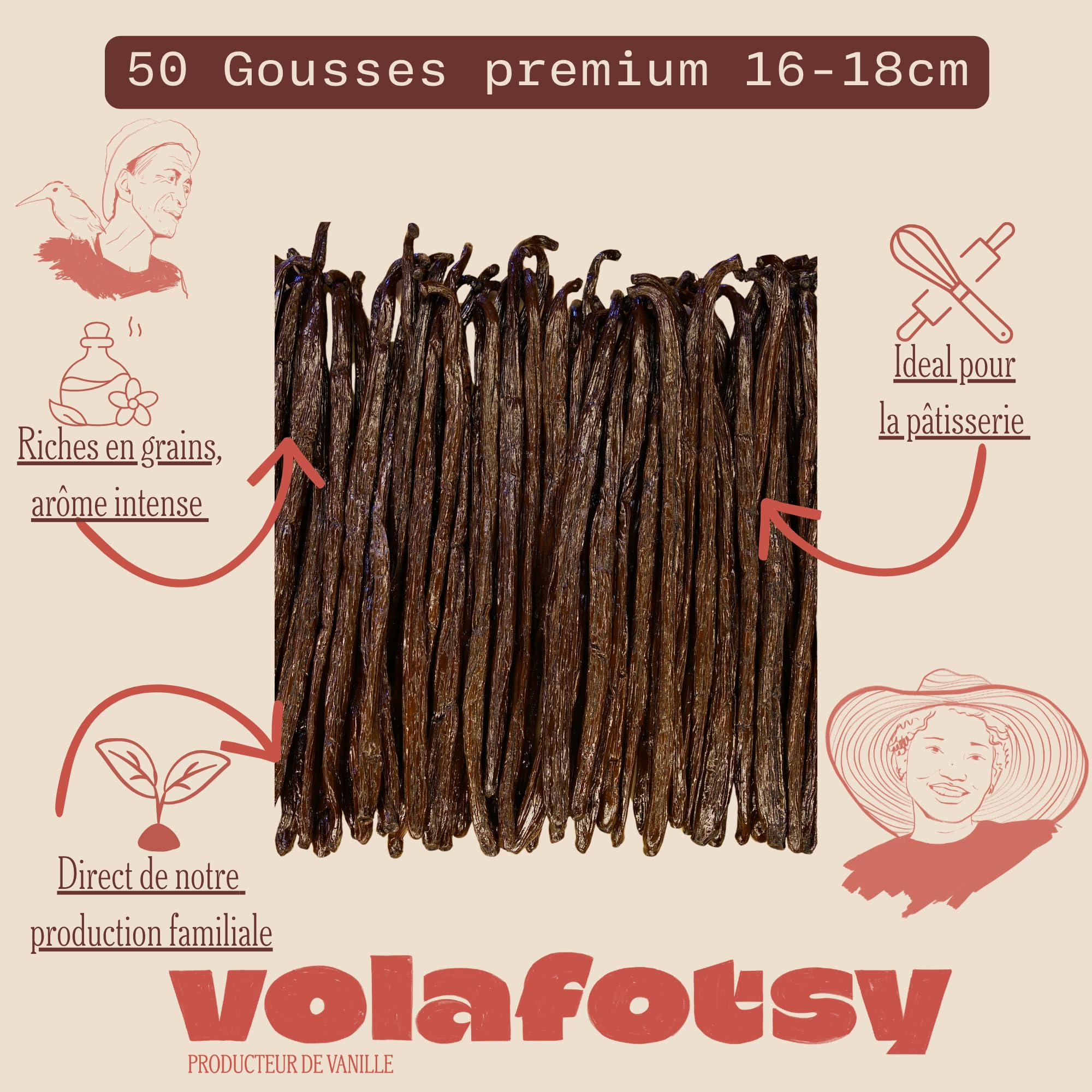 VOLAFOTSY – 50 Gousses de Vanille Bourbon Premium de Madagascar 16-18 cm | Direct Producteur Sambava | Riches en Grains | Qualité Gourmet | Idéales pour Pâtisserie, Desserts et Extraits