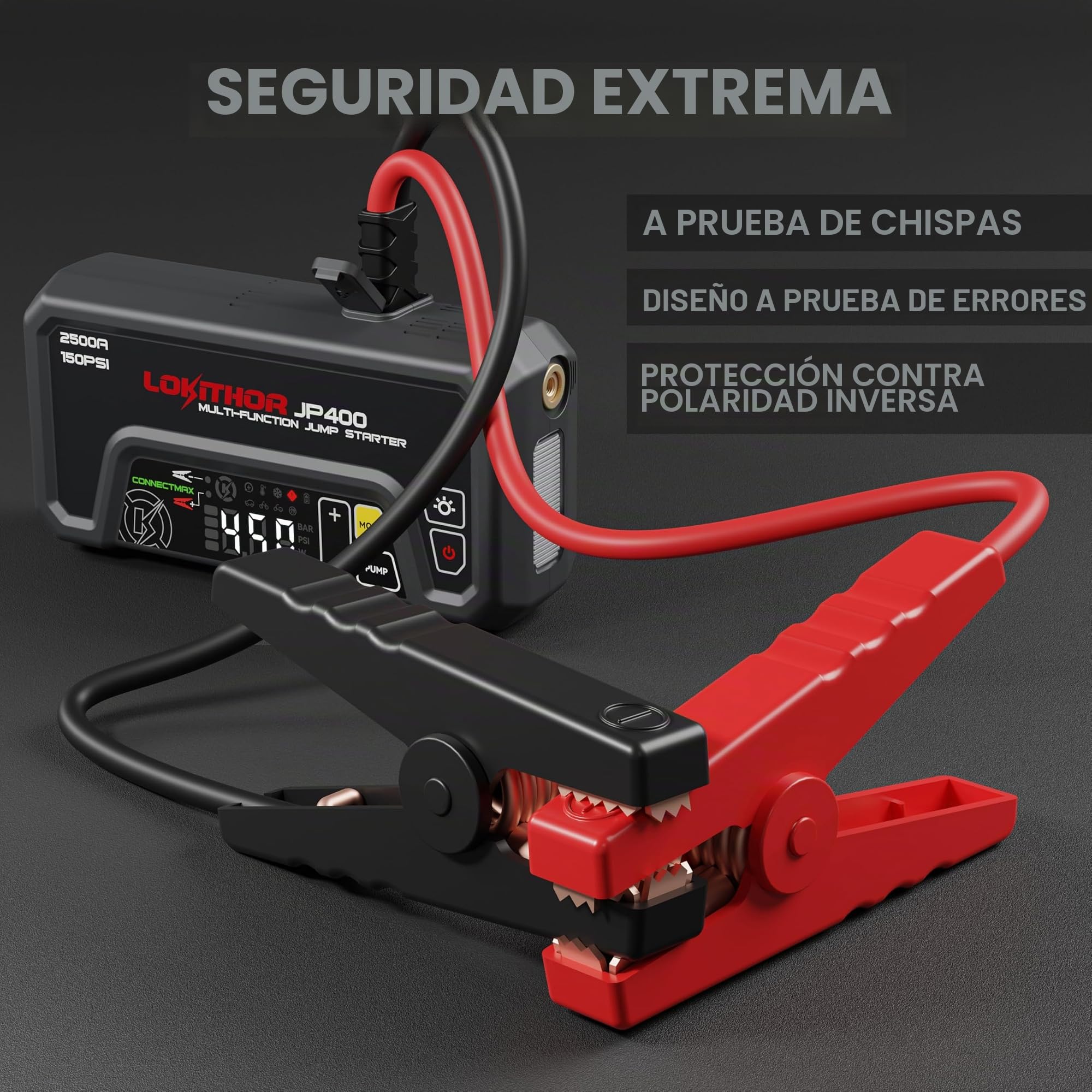 LOKITHOR JP400 Arrancador de Coches Portátil 2500A con Compresor | Cargador Inteligente 6V/12V con Mantenimiento y Desulfatación, Para Gasolina 8,5L y Diésel 6,5L