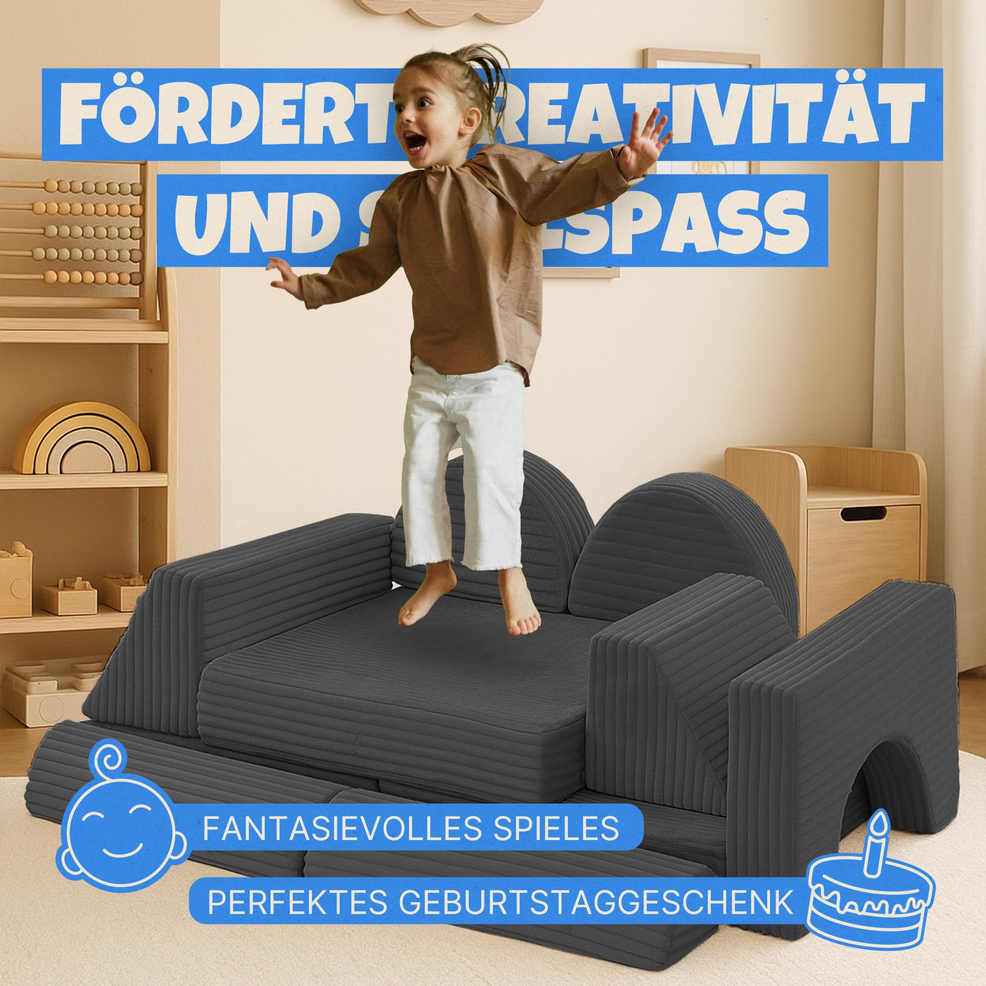 Bestlivings Sofá de juegos infantil de 11 piezas (antracita) de pana de franela, sofá de juegos modular para construir creativamente en la habitación de los niños, estable y ampliable