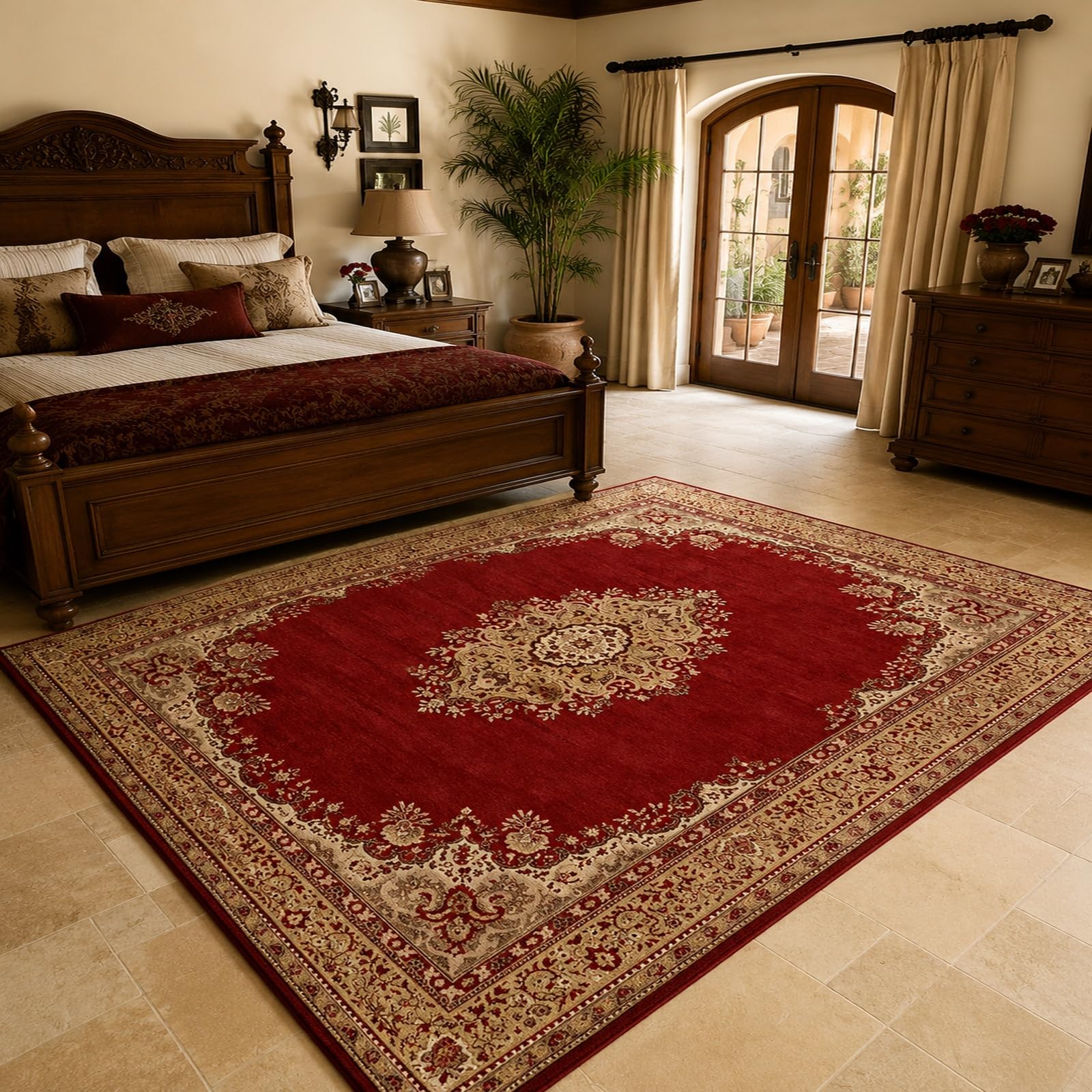 Tapis rouge vintage oriental 200x260 cm grand modele beige rectangulaire pour salon