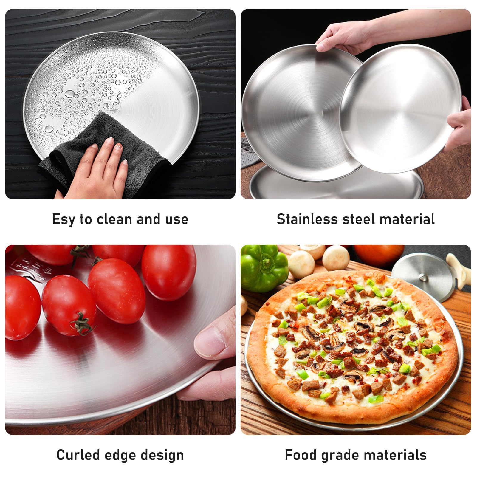 BORDEAG Piatti da Campeggio in Acciaio Inox 30 cm, 4 Set di Piatti in Acciaio Inossidabile Inox, Piatti Rotonde in Acciaio Inox, Stoviglie da Picnic e Campeggio, per Picnic, Campeggio, BBQ