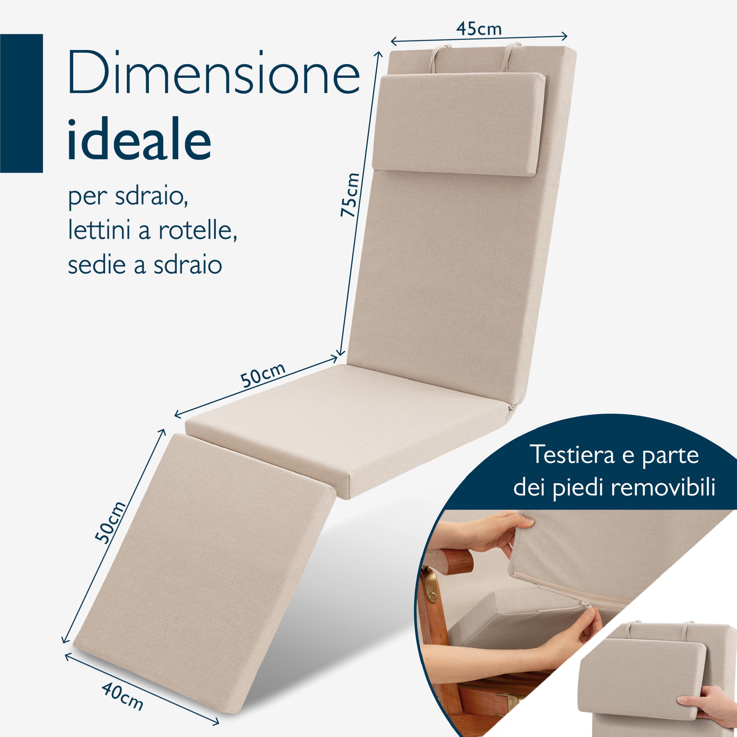 Beautissu Cuscino per sdraio – 175x45 cm imbottitura impermeabile e resistente alle intemperie – Cuscino per lettino ad asciugatura rapida – Cuscino da giardino per esterni – Colore beige
