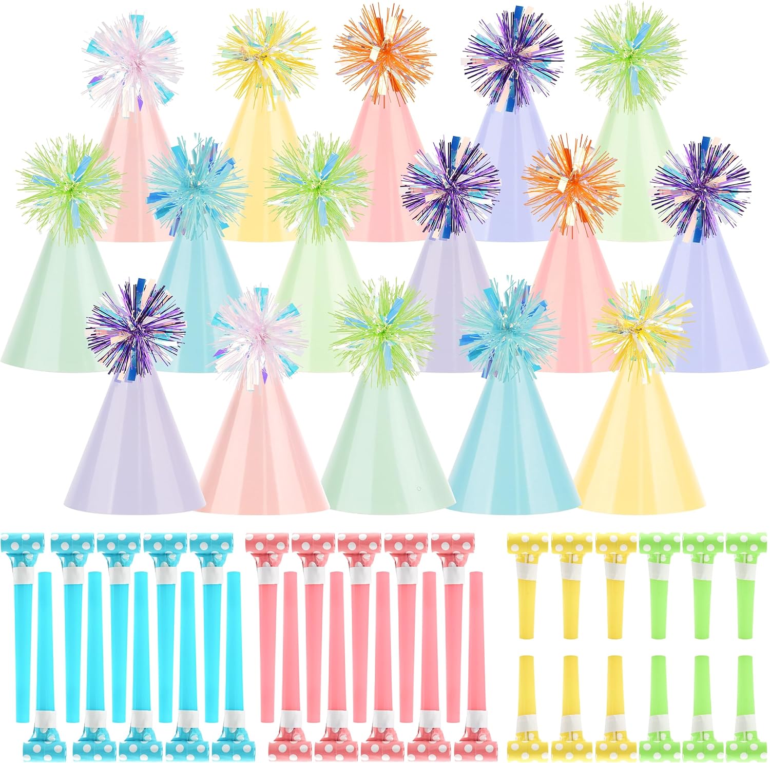 JOYEONDEF 48 Pcs Pastel Party Hats Set – 16 Rainbow Macaron Cone Hats with 32 Colorful Noise Makers for Birthday, Wedding, New Year & Celebration Decorations JOYEONDEF 48 Pcs Pastel Party Hats Set – 16 Rainbow Macaron Cone Hats with 32 Colorful Noise Makers for Birthday, Wedding, New Year & Celebration Decorations