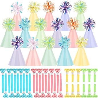 JOYEONDEF 48 Pcs Pastel Party Hats Set 16 Rainbow Macaron Cone Hats with 32 Colorful Noise Makers for Birthday, Wedding, New Year & Celebration Decorations