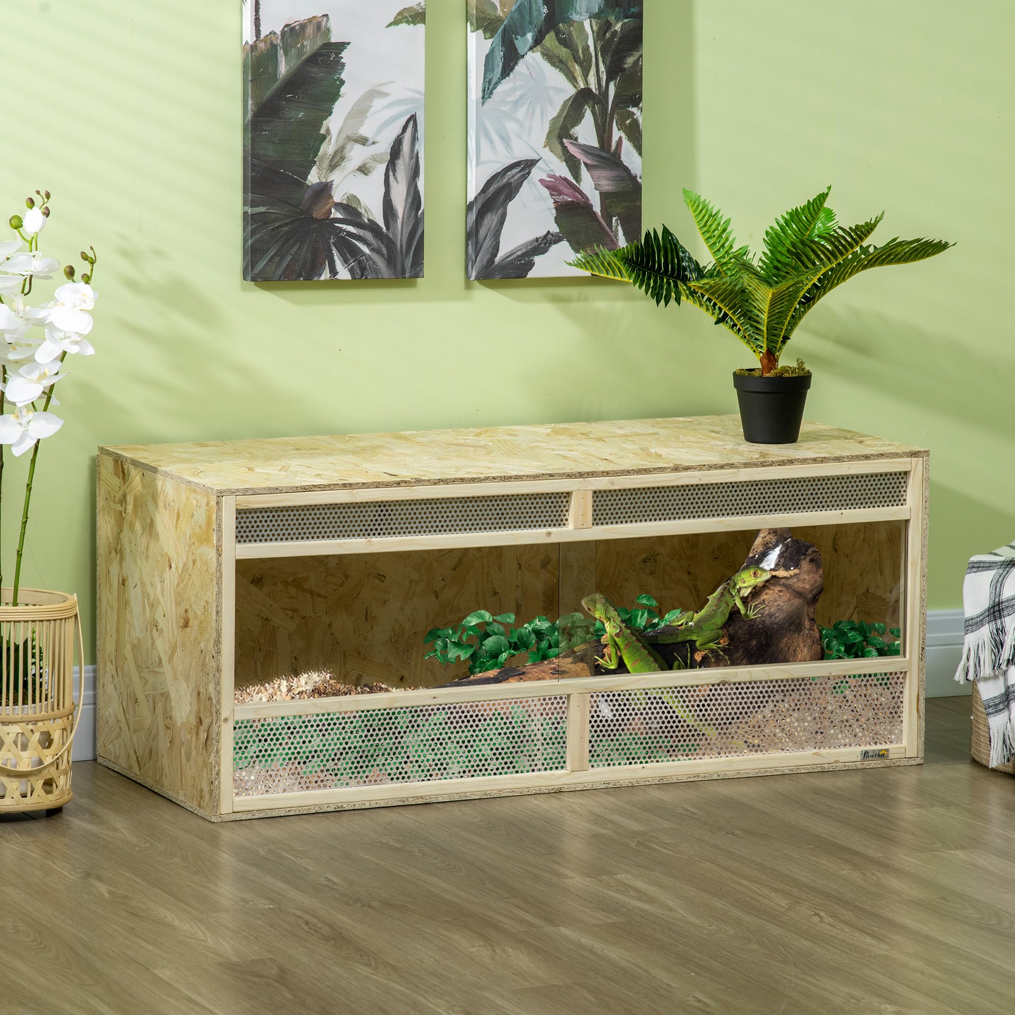 PawHut Terrarium für Reptilien 120 x 50 x 50 cm mit Lüftungsgitter Natur | Glas Terrarium, Fütterungsbox mit Schiebetüren aus Glas, Aufzuchtbox für Amphibien, Spinne