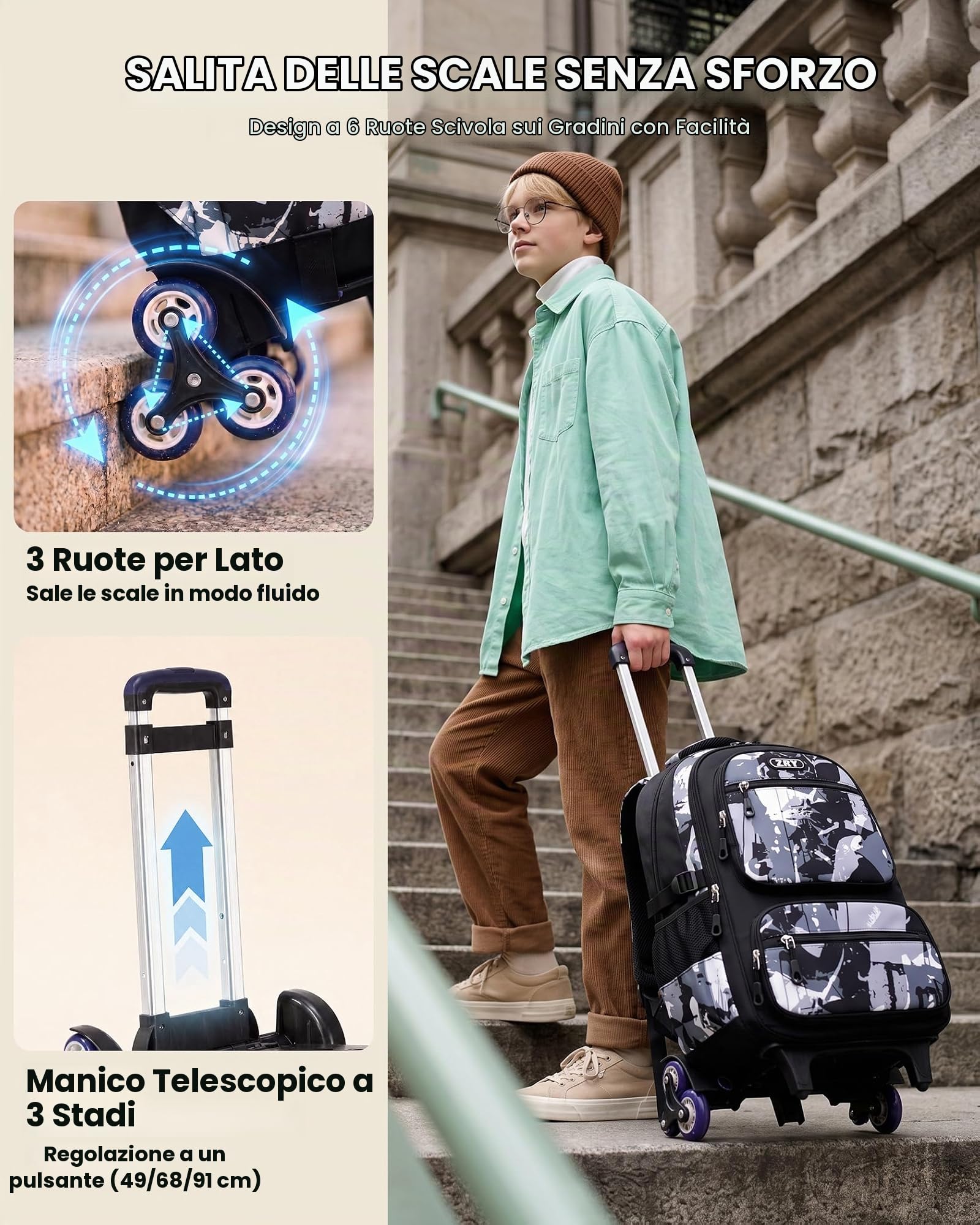 Amythe Zaino Trolley Scuola Media e Superiore, 40L Zaino con 6 Ruote per Ragazzo Adolescenti 10-24 anni, Zainetto Casual con Rotelle per Viaggi, Staccabile e Impermeabile -Nero