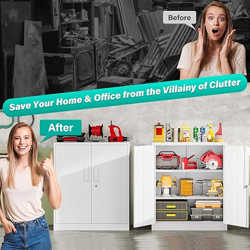 Miniatura 8 de SISESOL 36 inch Storage Cabinet with Doors and Shelves,White Metal Storage Cabinet,Small Locking Metal Cabinets,Short Steel Counter Cabinets with