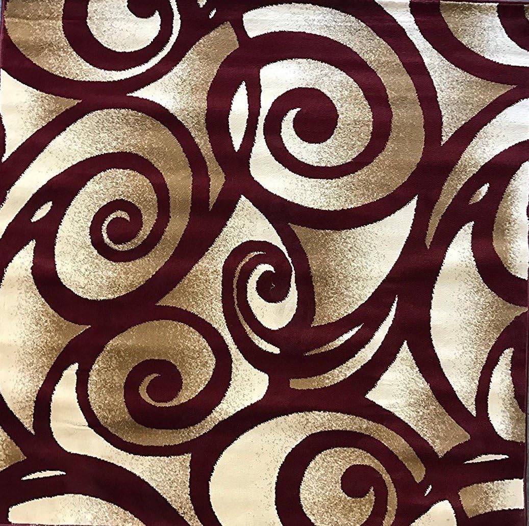 Bellagio Modern Square Area Rug Burgundy Swirl Design 341 (7 Feet 3 Inch X 7 Feet 3 Inch Square)