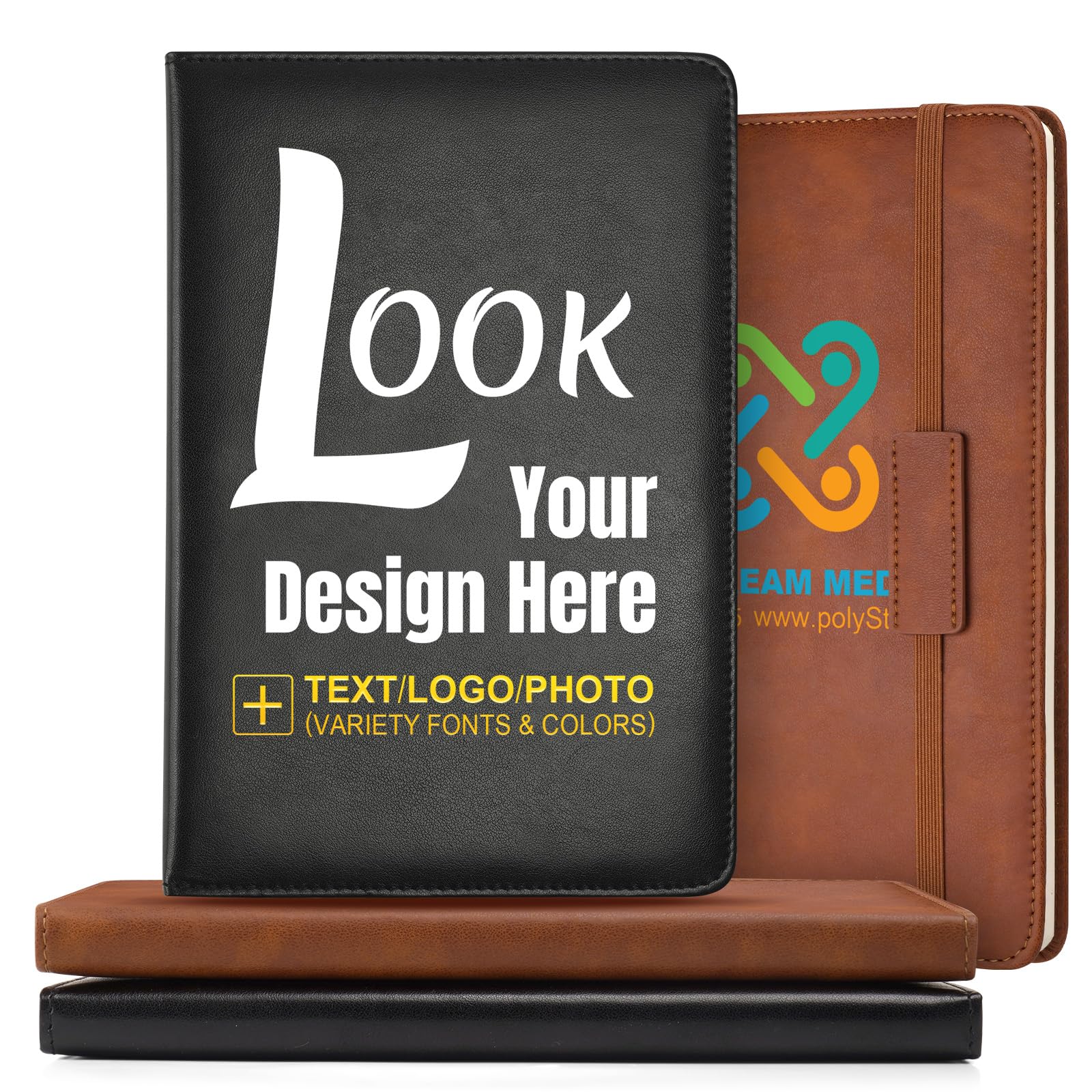 Vebermo Personalised A5 Leather Notebook Journal - Customise with Text, Logo or Design, Custom Diary Notebooks for Business, Office & School, Lined Hardback Diary for Professionals & Gifts, Black