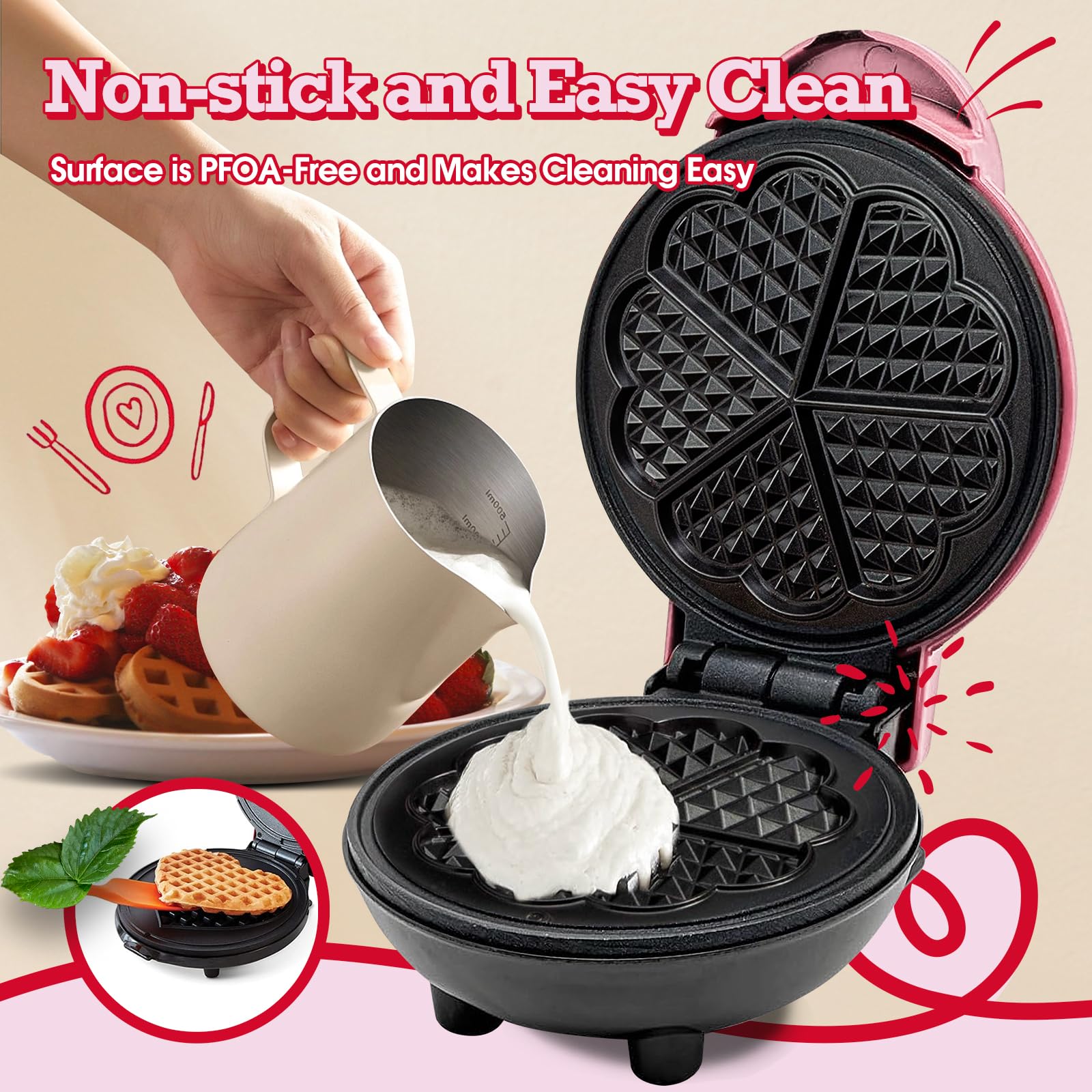 Waffeleisen (Herz), kleiner Waffelmacher, Keto, Mini-Waffeleisen für Kinder, Familie und Einzelpersonen, 17,8 cm, antihaftbeschichtete Kochplatten mit schneller und gleichmäßiger Erwärmung
