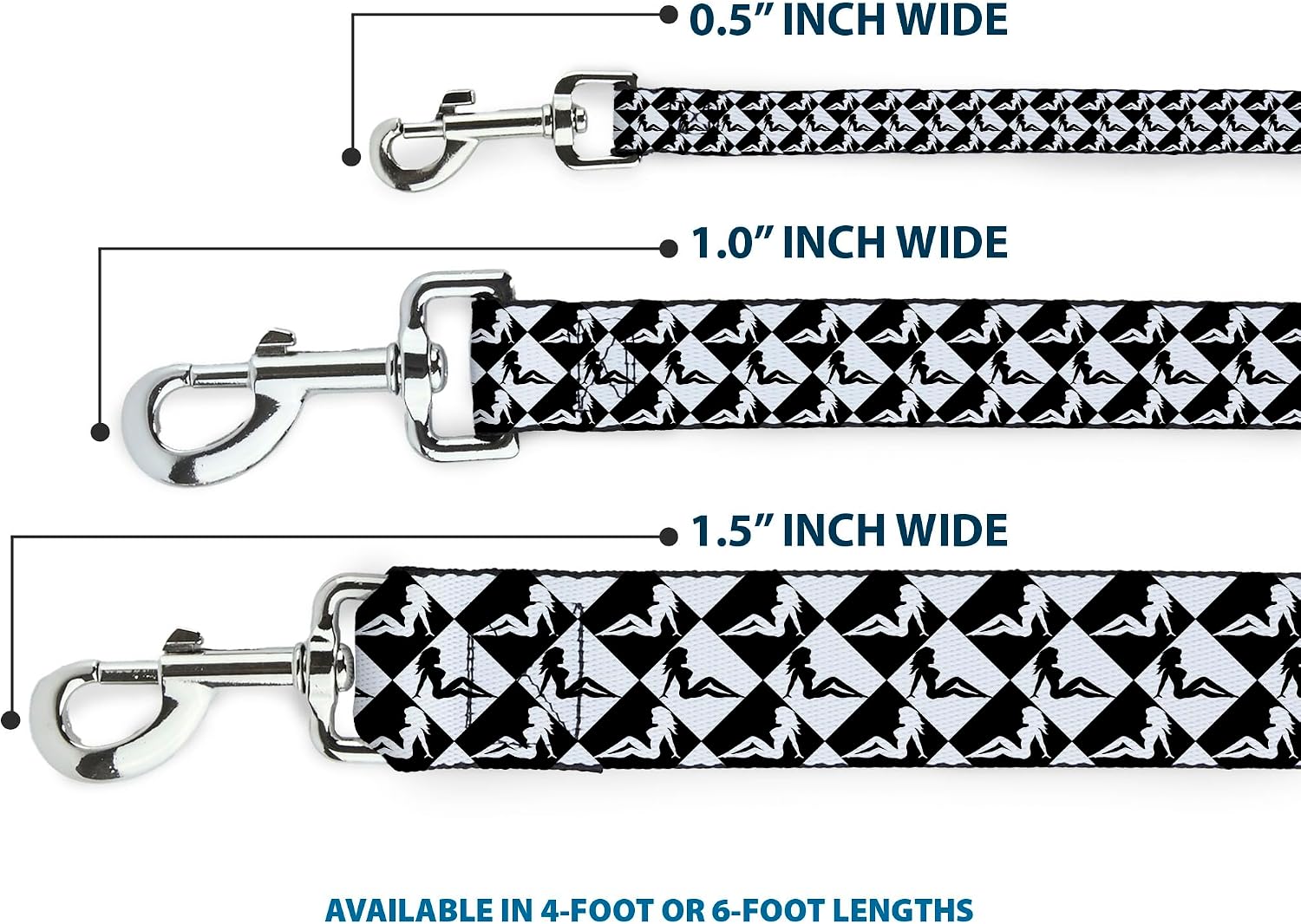 Dog Leash Mud Flap Girl Diamonds Black White 6 Feet Long 1.0 Inch Wide