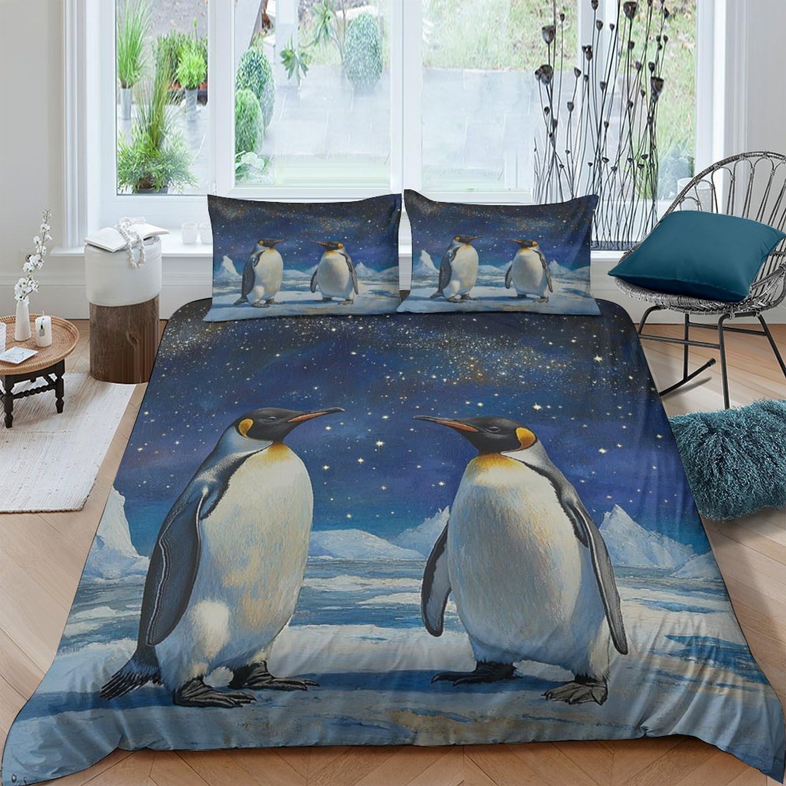 Ctjqhvkz Style-4 3D Printed Penguin Winter Night Fitted Sheet Microfiber Soft Mattress Cover For Bedroom Guest Room Dorm Decor Single（135X200cm）