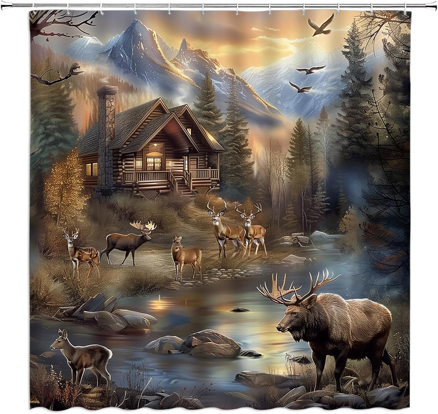 Rustic Cabin Extra Long Shower Curtain, Wildlife Deer Moose Forest Lake Animal Mountain Vinatge Camping Brown Bathroom Home Curtain Decor with Hooks,70" Wx78 H