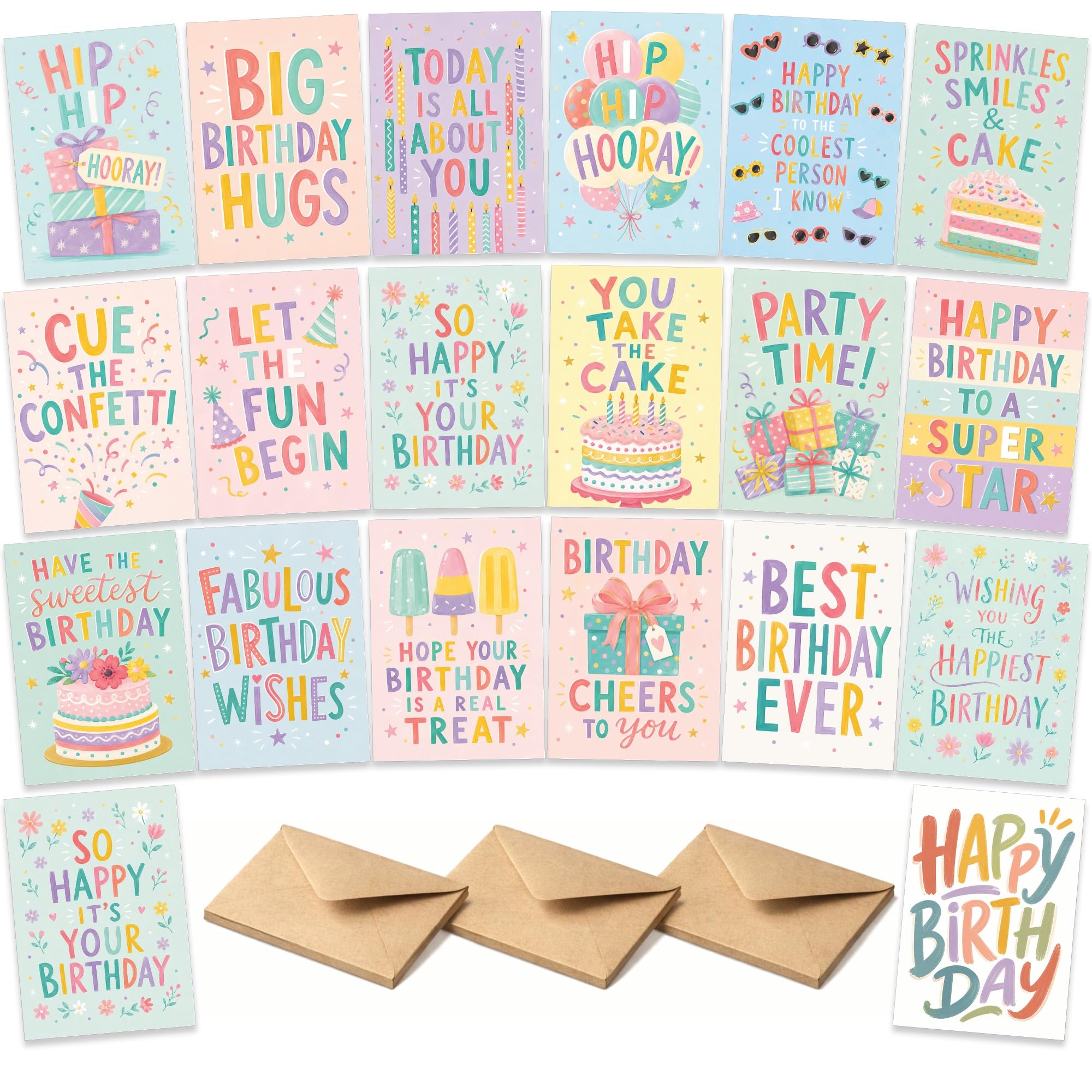 20 Happy Birthday Cards with Envelopes, Variety Set of Twenty Bright and Colourful Birthday Cards with Envelopes, Perfect Bulk Pack for Celebrations, Special Occasions, Friends, Family