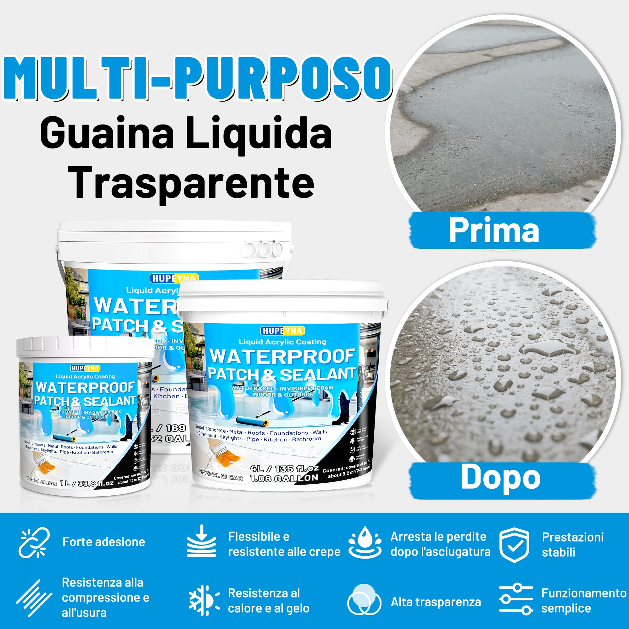 Guaina Liquida Trasparente, Hupeyna Rivestimento Impermeabile Trasparente Riparatore Anti-Perdita, Colla Impermeabilizzante a Base D'acqua per Interni ed Esterni Sigillante Impermeabile Liquido 5KG