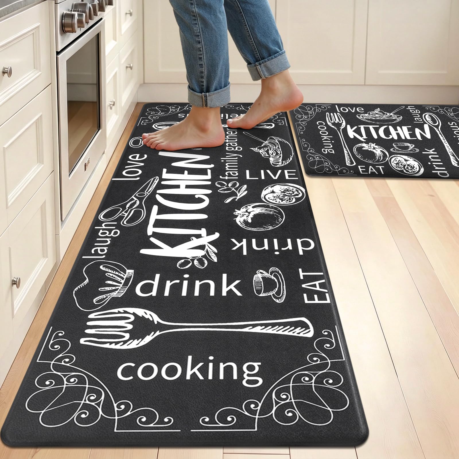 HEBE Lot de 2 Tapis de Cuisine Anti-Fatigue antidérapants épais et rembourrés avec Chemin de Table 43,2 x 121,9 cm + 43,2 x 71,1 cm
