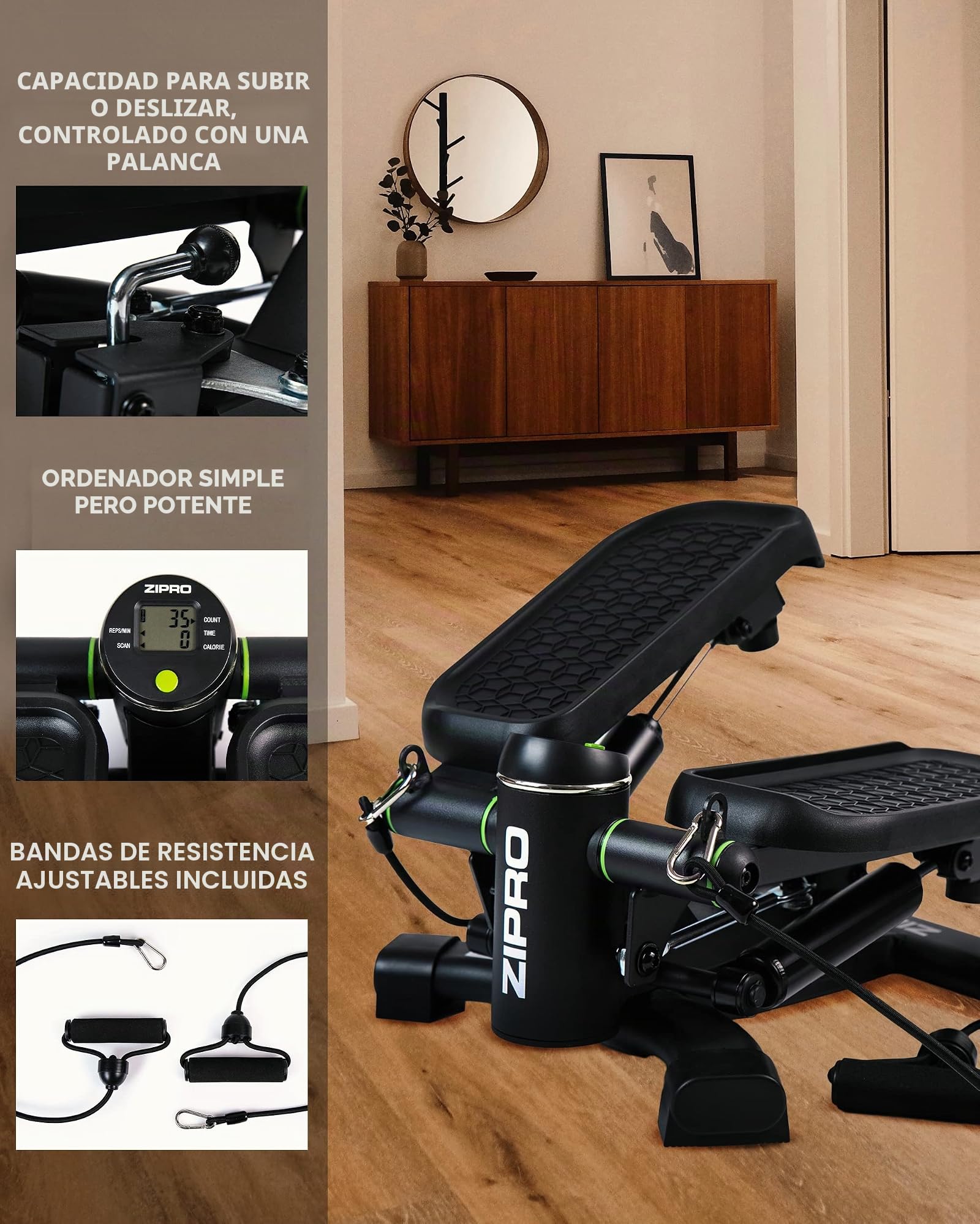 Zipro Roam Stepper - Mini máquina de Fitness (Incluye Ordenador de Entrenamiento LCD, Muchas Funciones, para Entrenamiento en casa, swingstepper para piernas y glúteos, Resistente al Desgaste, Negro