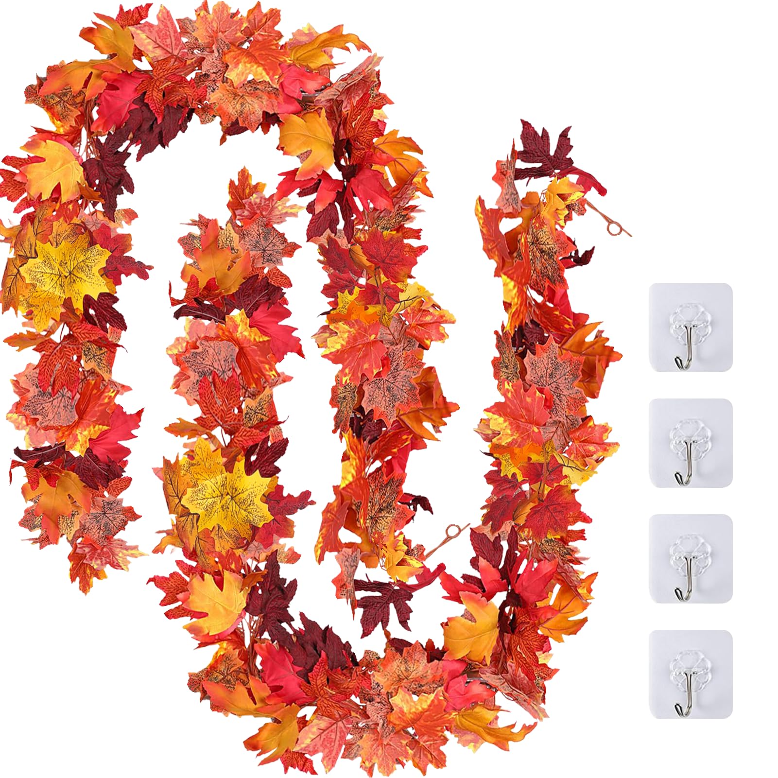 2 Pack Artificial Autumn Maple Leaves, 5.7 FT Autumn Garland Decoration Fall Hanging Plant Leaves 175cm/Piece Halloween Thanksgiving Party Decor for Home Wall Garden Rireplace Stair (Red)