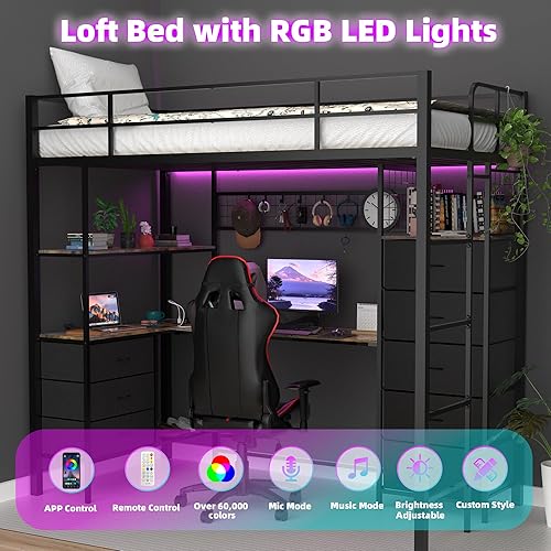 Miniatura 4 de Cama tipo loft de tamaño individual con escritorio, luces LED, estación de carga, base de cama industrial con 3 estantes de almacenamiento y 8
