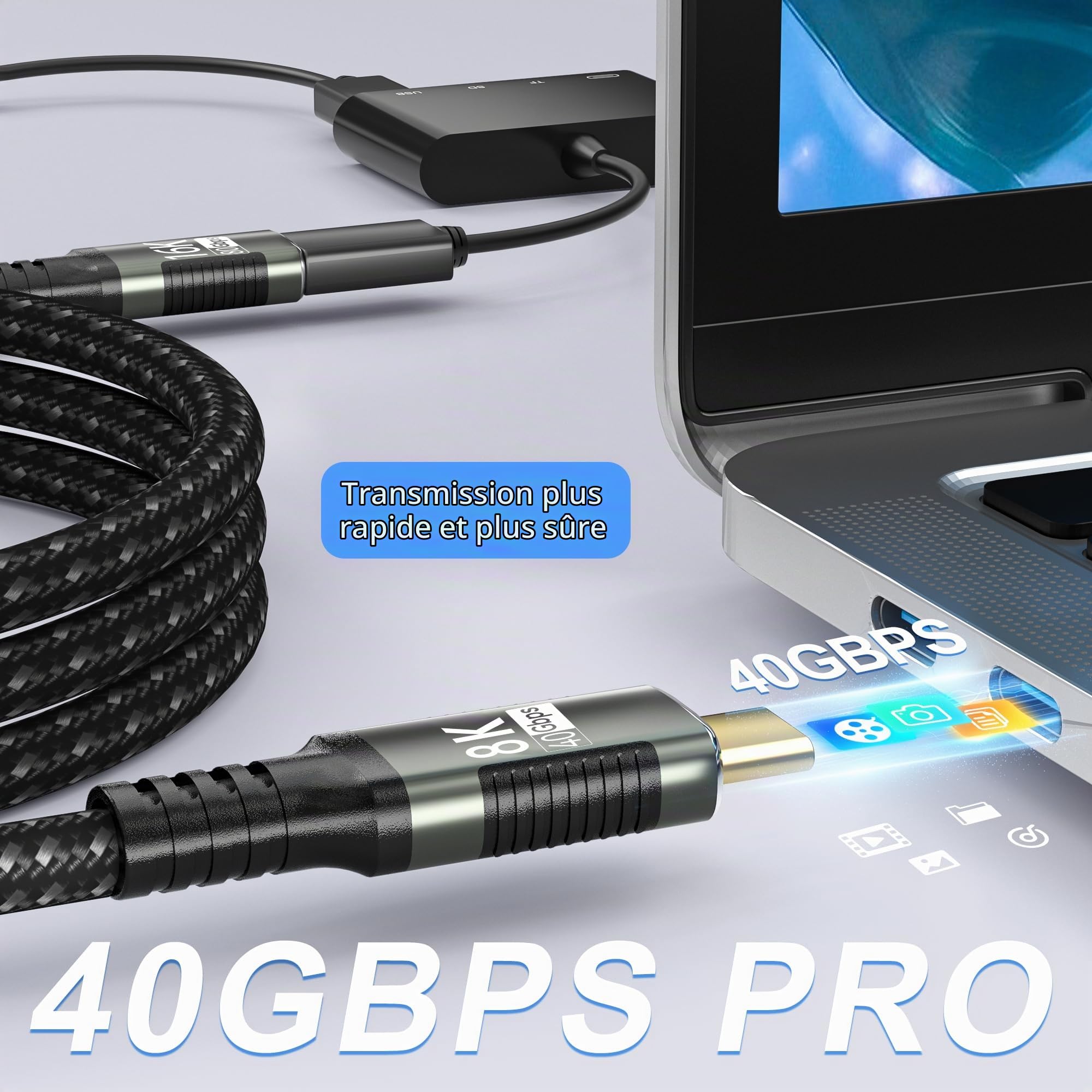 long usb c male femelle 3 M Compatible avec rallonge usb c Thunderbolt 5 usbc extender 240W Charge Rapide 40Gbps Transfert de Données et 8K/4K Vidéo cable prolongateur pour SSD,eGPU,Laptops,Display.