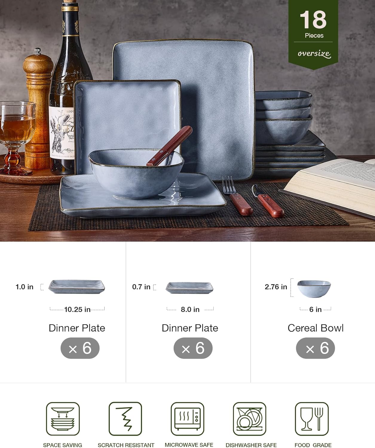 Famiware Ocean Square Plates and Bowls Set, 18 Pieces Dinnerware Sets, Dishes Set for 6, Microwave and Dishwasher Safe, Scratch Resistant, Blue - Image 2