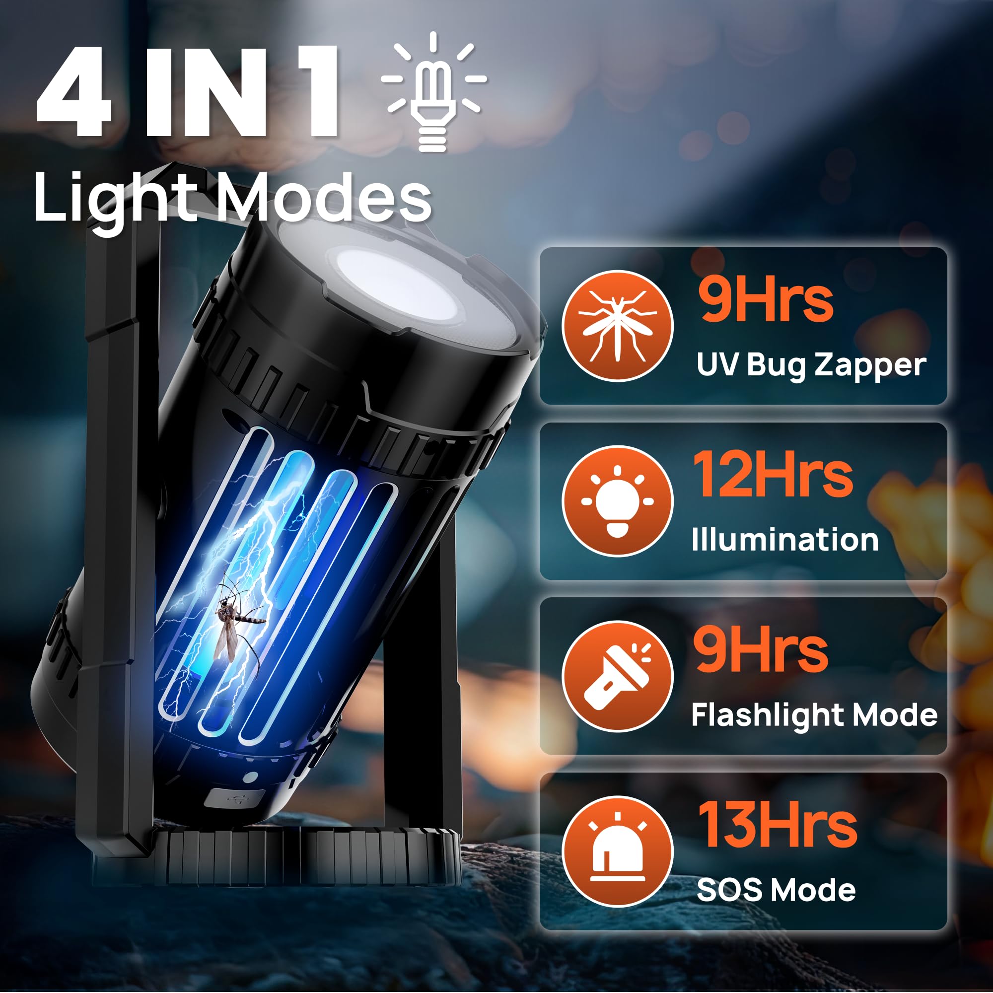Eliminador de insectos inalámbrico para exteriores, integrado con una luz de modo 4 en 1, lámpara de mosquitos recargable alimentada por pilas, trampa de insectos, hasta 12 horas de duración de