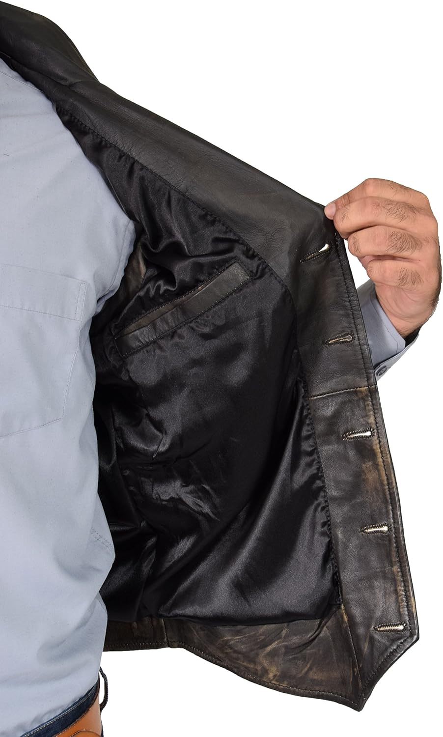 Mens Genuine Vintage Rub Off Soft Leather Revere Collar Western Waistcoat - Rhys