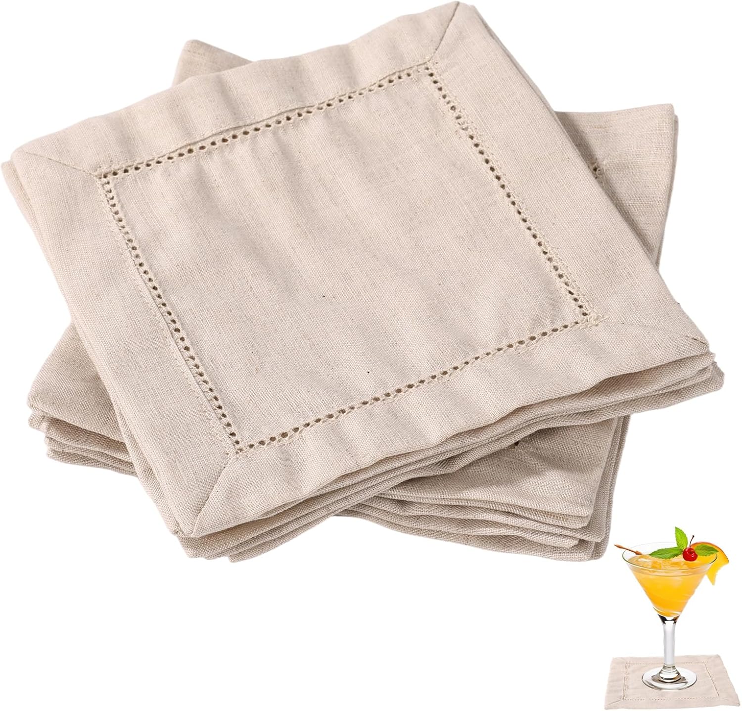 12pcs Linen Cocktail Napkins, Reusable Cloth Fabric Serviettes Napkins | 6x6 Inch, Wedding Birthday Baby Shower Party Home Bar Beverage Supplies (White)