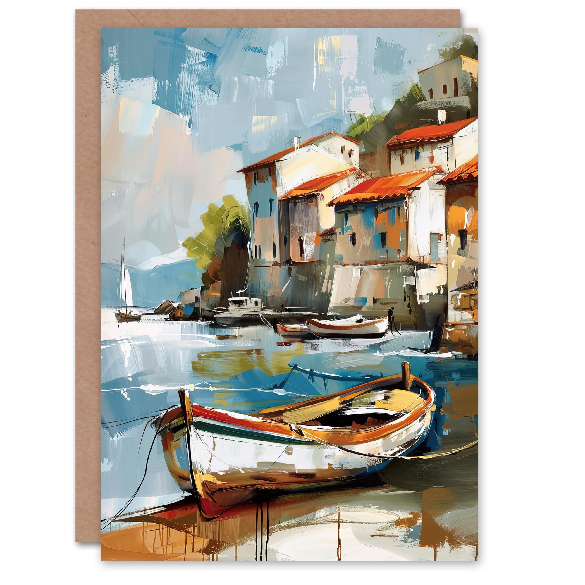 Artery8 Fishing Village Oil Painting Boats Coastal Summer Greeting Birthday Card Him Her All Blank