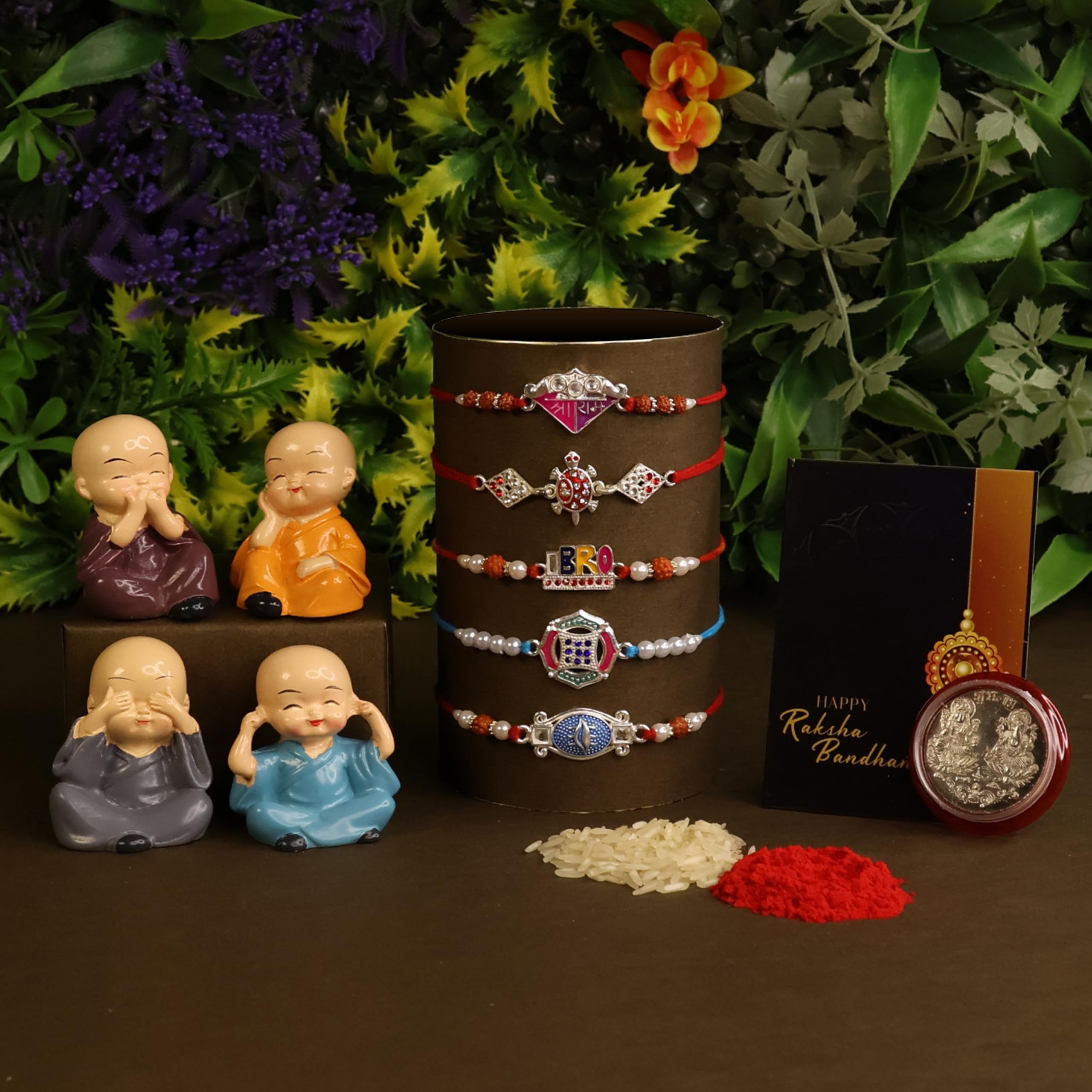 Oblivion Baby Buddha Set of 4 Pcs – Trendy Mix Design with Multicolor Beads Rakhi Set for Brother 5 Pcs with Silver Color Pooja Coin and Greeting Card, Traditional Raksha Bandhan Celebration Combo-picture-33