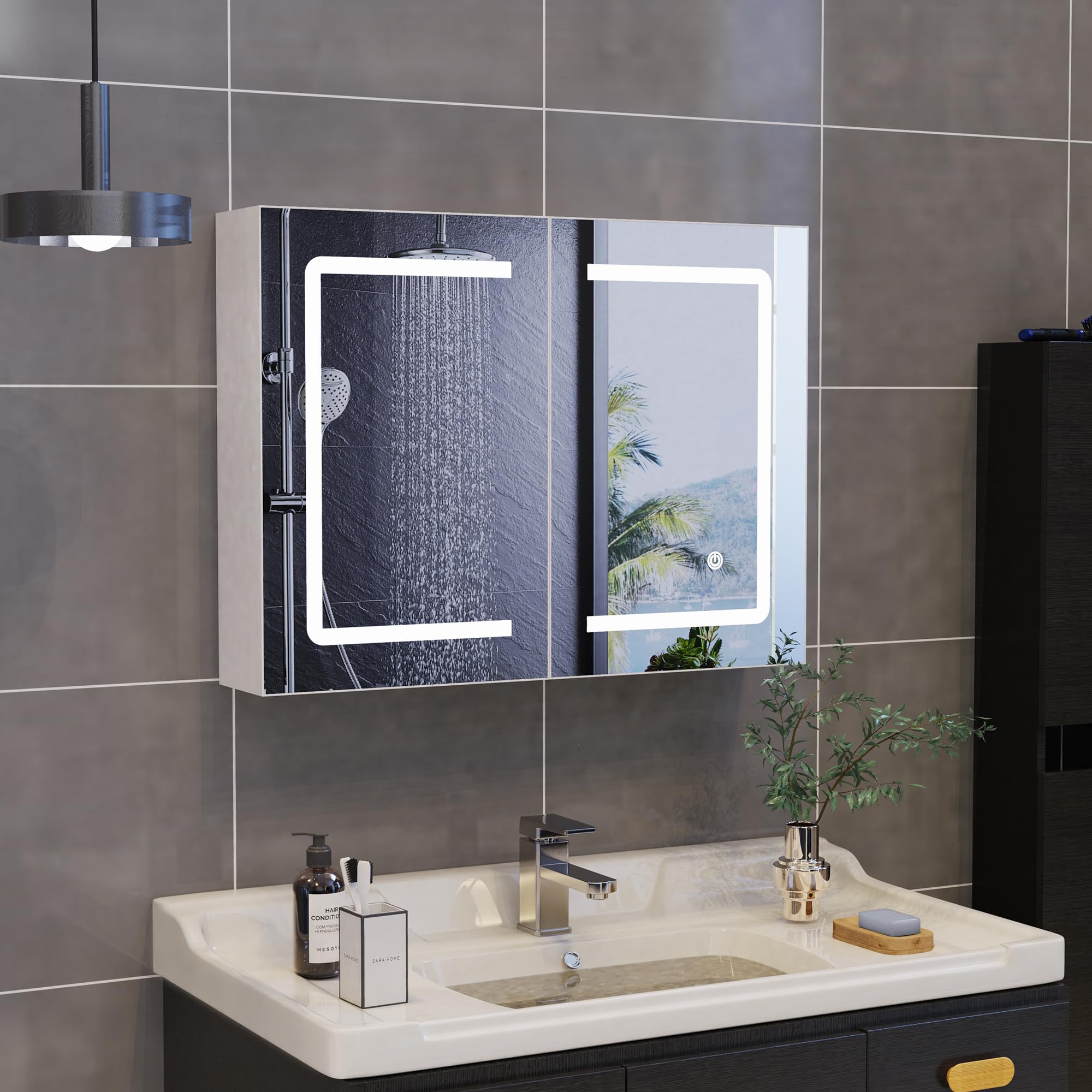 Armario con Espejo Baño con Luz LED, Armario de Baño con Estantes Ajustables, Espejo Inteligente baño con Interruptor de Sensor Táctil, Temperatura de Color Ajustable (60 x 80 x 14 cm)