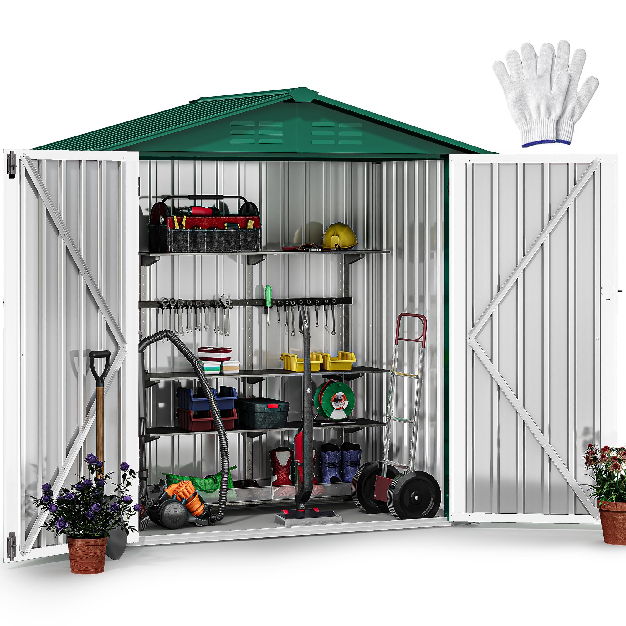 YITAHOME Metall Geräteschuppen Gerätehaus Gartenhaus Gartenhütte,Gruen | 171x87x184cm|6x4 klein|Rasenmäher Gartenschuppen|Satteldach|Abschließbar|4 Lüftungsöffnungen|Gartenhaus mit Tür|Wetterfest