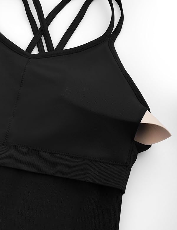 MathCat Ribbed Workout Tank with Built in Bra, V Neck Crisscross Back Yoga Longline Top, Wirefree Spaghetti Strap Gym Shirts Black by MathCat - Used condition - Image 3