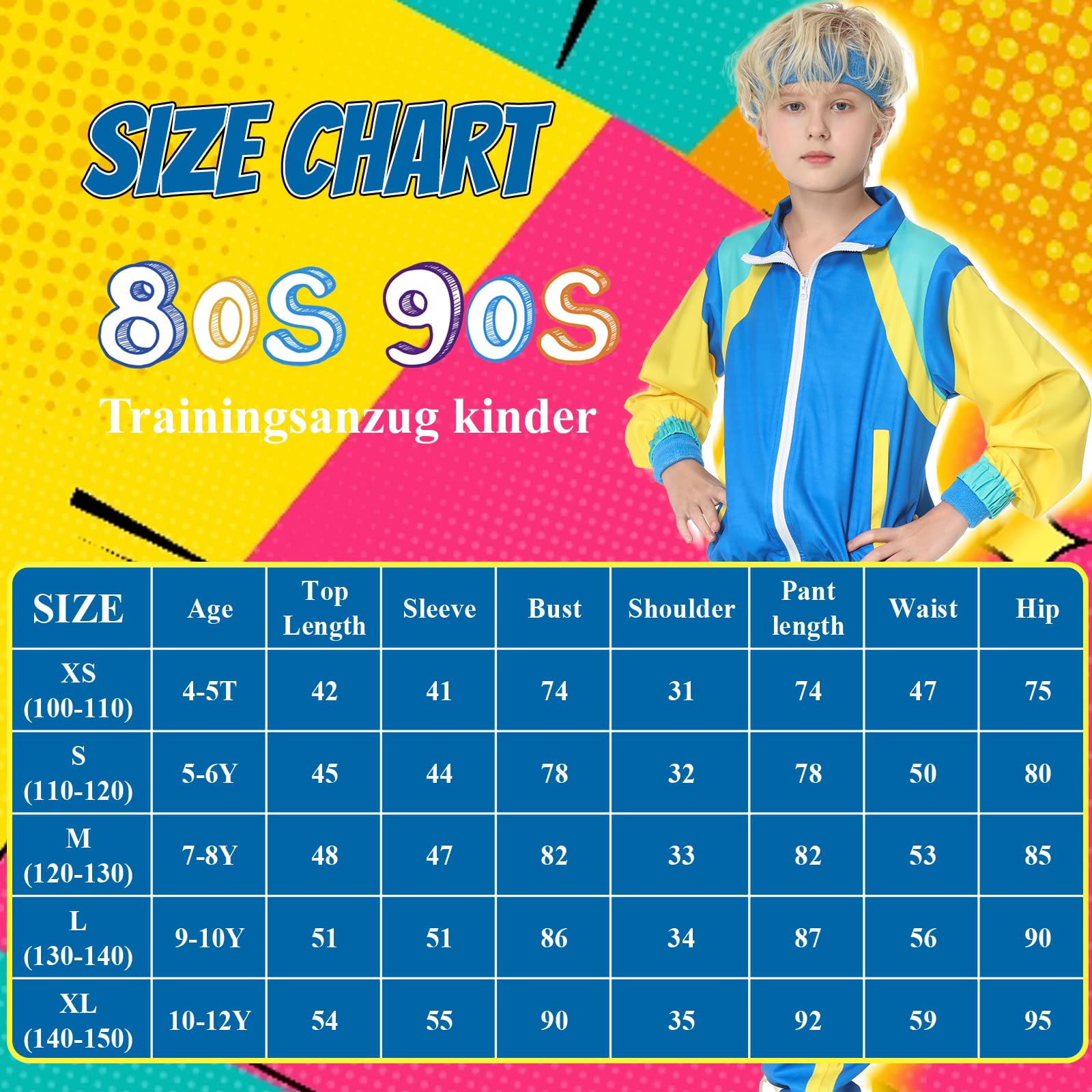 Hislovy 80s Tracksuit for Kids 90s Outfits Boys Girls 6PCS Hip Hop Dance Costume, Colorblock Jacket for Retro Theme Party (Blue, 120) - Image 2