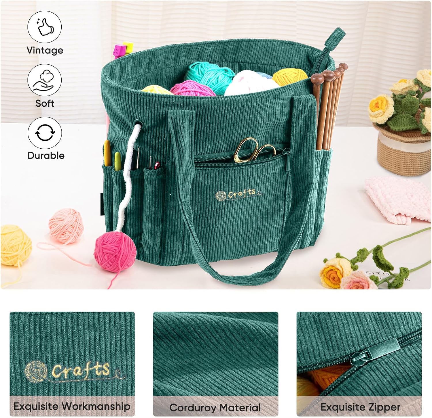 MYBAGZING Crochet Bag and Tote - Corduroy Yarn Bag - Yarn Holder for Crocheting - Crochet Storage Bag for Crochet Hooks, Crochet Accessories, Knitting Bag for Crochet Lovers, Mother's Day Gift