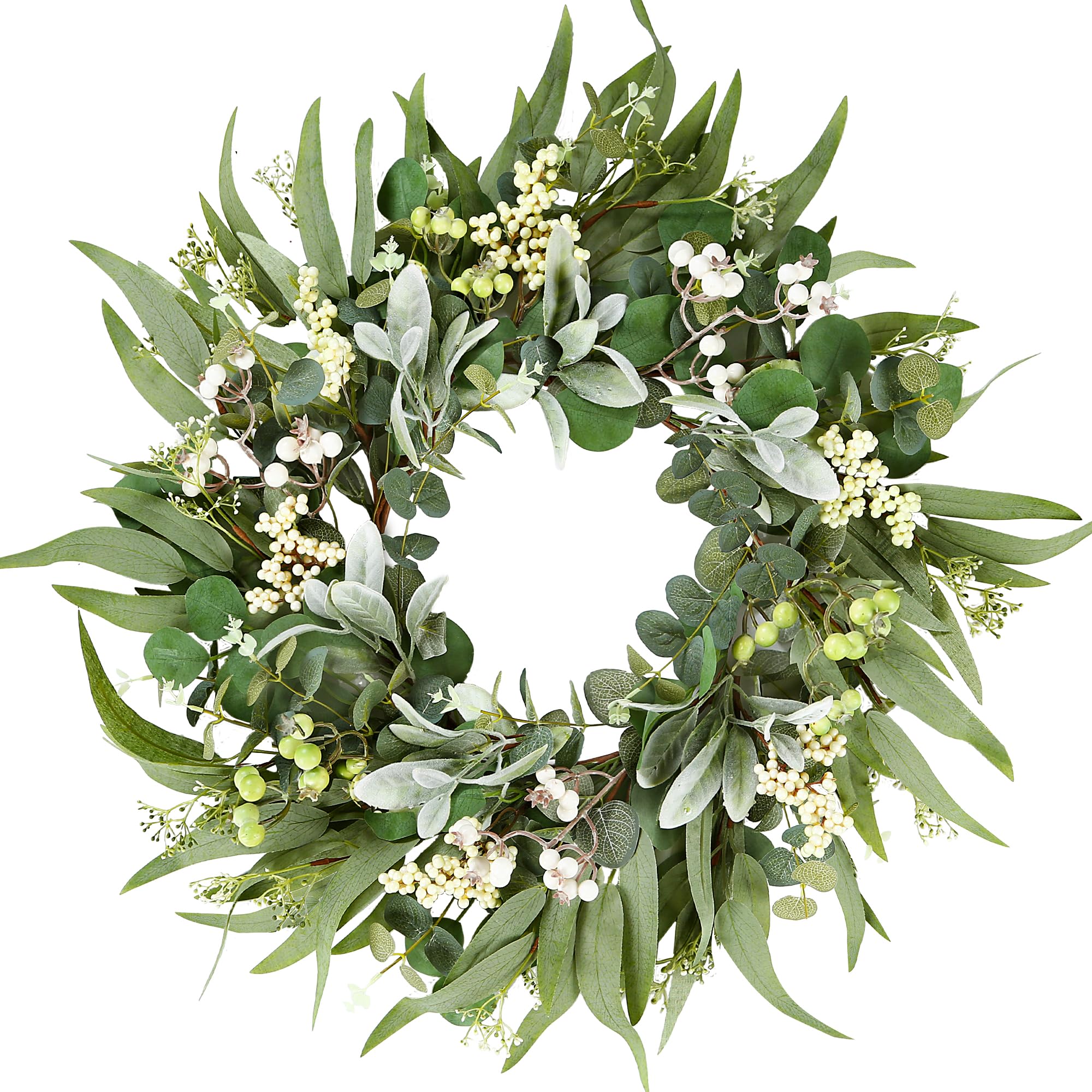 Sggvecsy Artificial Eucalyptus Wreath for Front Door 20 Inch with Greenery Leaves Lambs Ear White Berries for Spring Summer Farmhouse Window Porch Wall Home Indoor Outdoor Decor