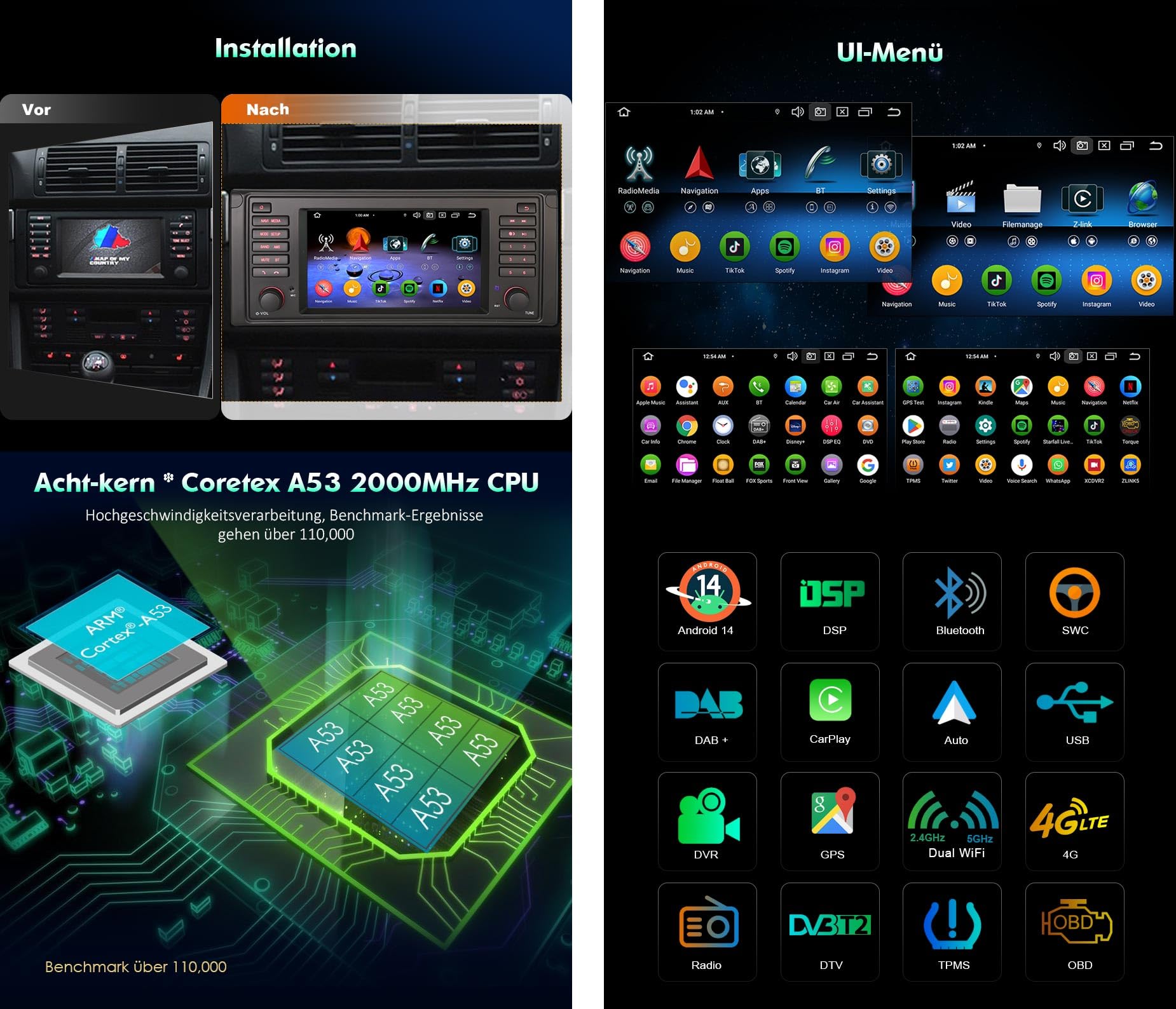 Erisin 8-rdzeniowy 4 GB RAM 64 GB ROM 7 cali Android 14 radio samochodowe Bluetooth z nawigacją GPS do BMW serii 5 E39 M5 obsługuje CarPlay Android Auto WiFi 4G DAB+ OBD2 DSP USB RDS FM DVB-T2 IPS