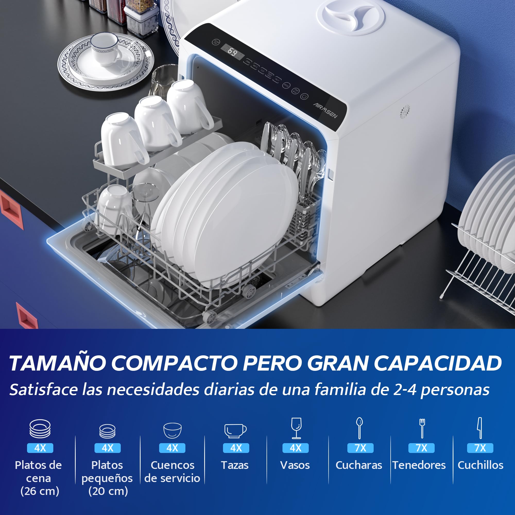 AIRMSEN Mini Lavavajillas de Sobremesa con 5+1 Programas, Depósito de 5 Litros, 2 Formas de Suministro de Agua, Control Táctil y Pantalla LED, Ideal para Cocinas Familiares, Apartamentos y Dormitorios