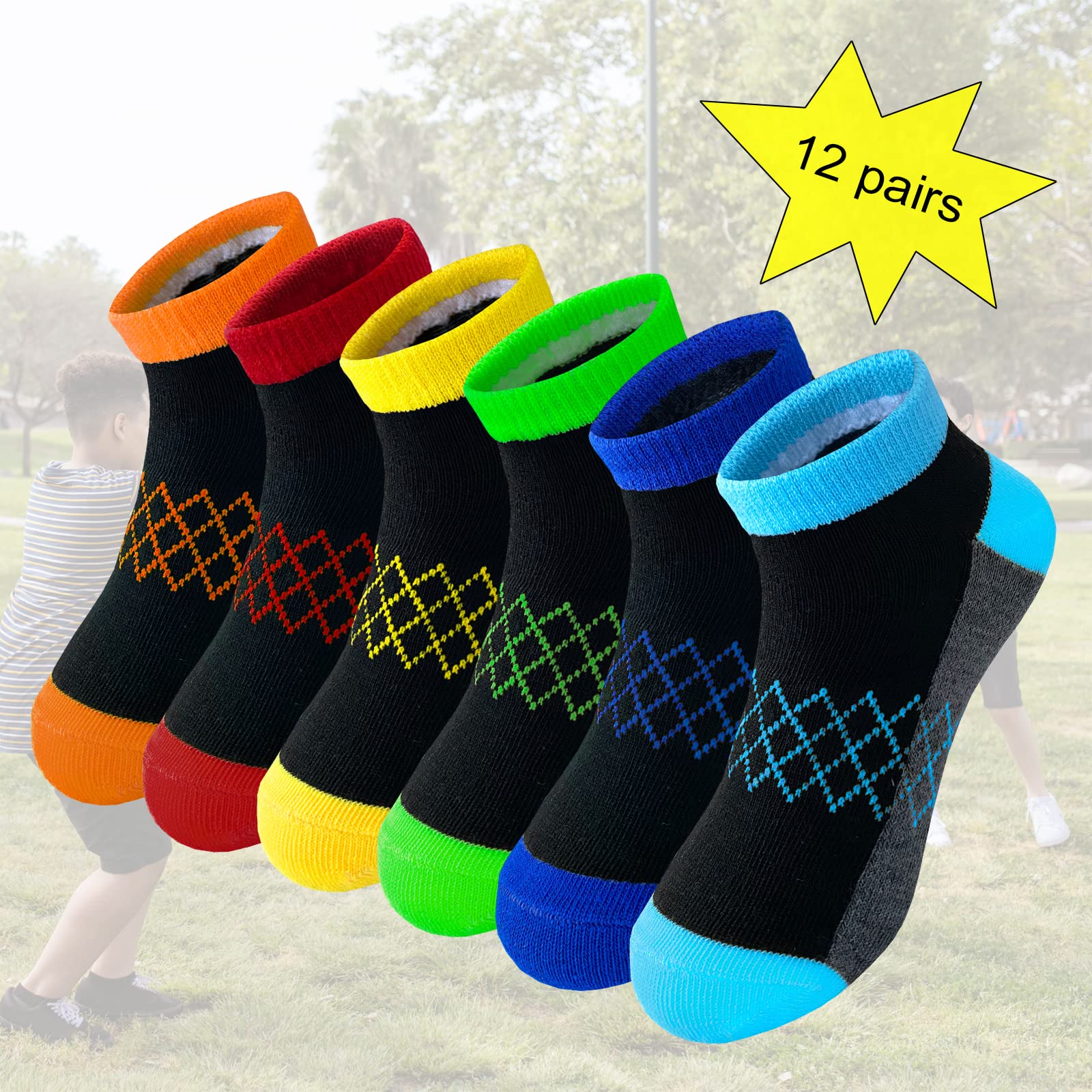 12 pares de calcetines de algodón atléticos de corte bajo para niños pequeños y grandes de 3 a 10 años