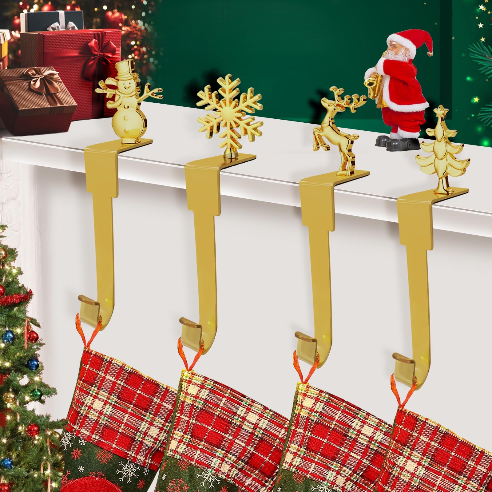 Juego de 4 soportes para calcetines de Navidad para chimenea, ganchos de metal dorado para calcetines de Navidad para chimenea, ganchos para calcetines de Navidad familiares
